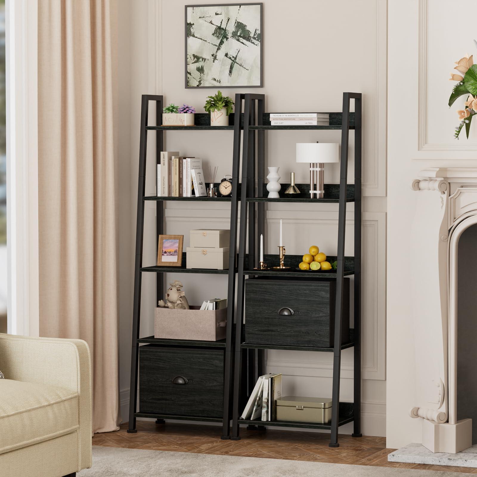 Furologee 5-Tier Ladder Shelf, Narrow Ladder Bookshelf with Drawer, 55.6”Tall Industrial Bookcase Storage Rack Organizer, Freestanding Storage Shelve for Living Room, Home Office, Bedroom, Black Oak - Image 5