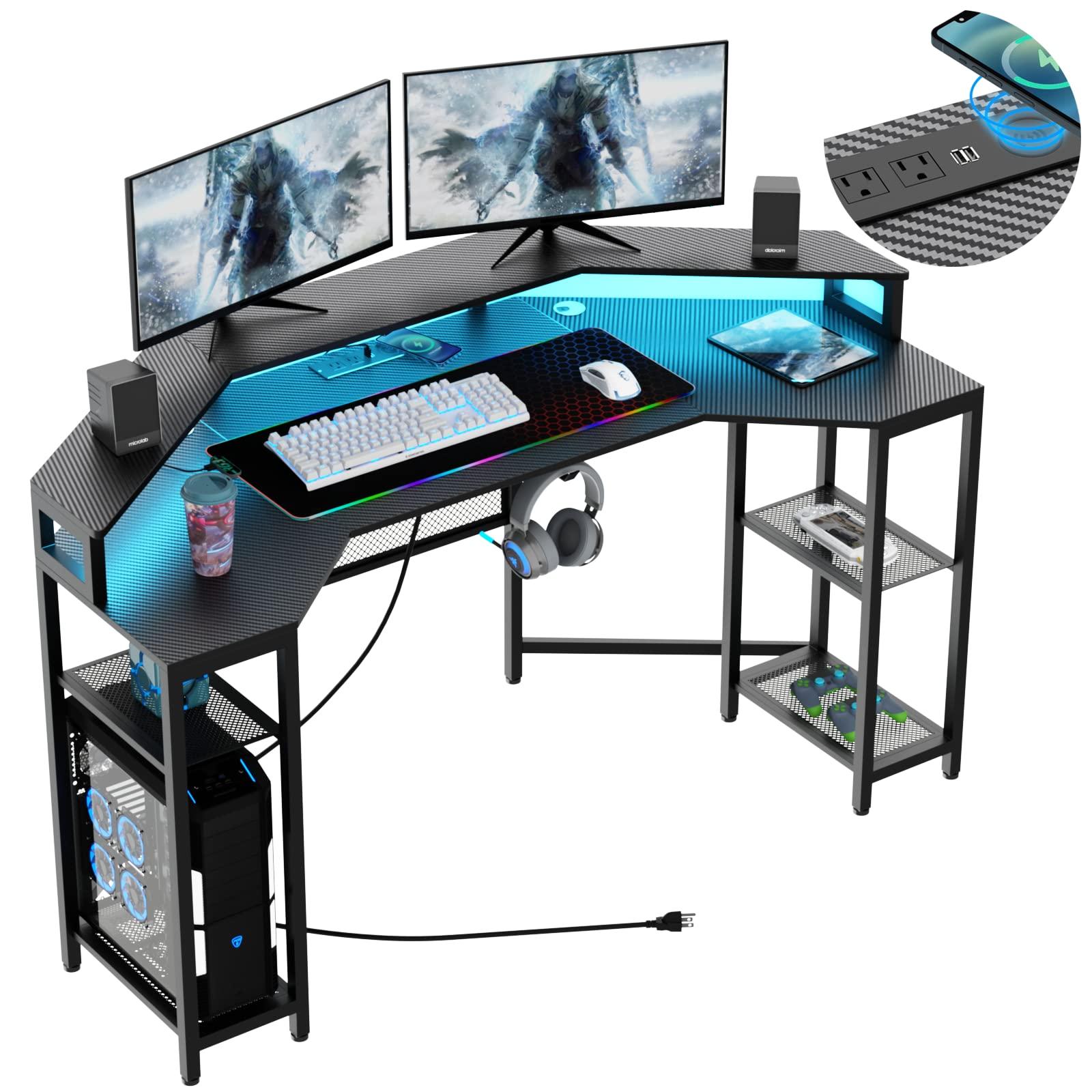 Gyfimoie 63" Computer Desk with Power Outlet & LED Light, Wing-Shaped Gaming Desk with Shelves, Full Monitor Stand,Wireless Charging,RGB Mouse Pad,Headphone Hook, Home Office Desk (Black)