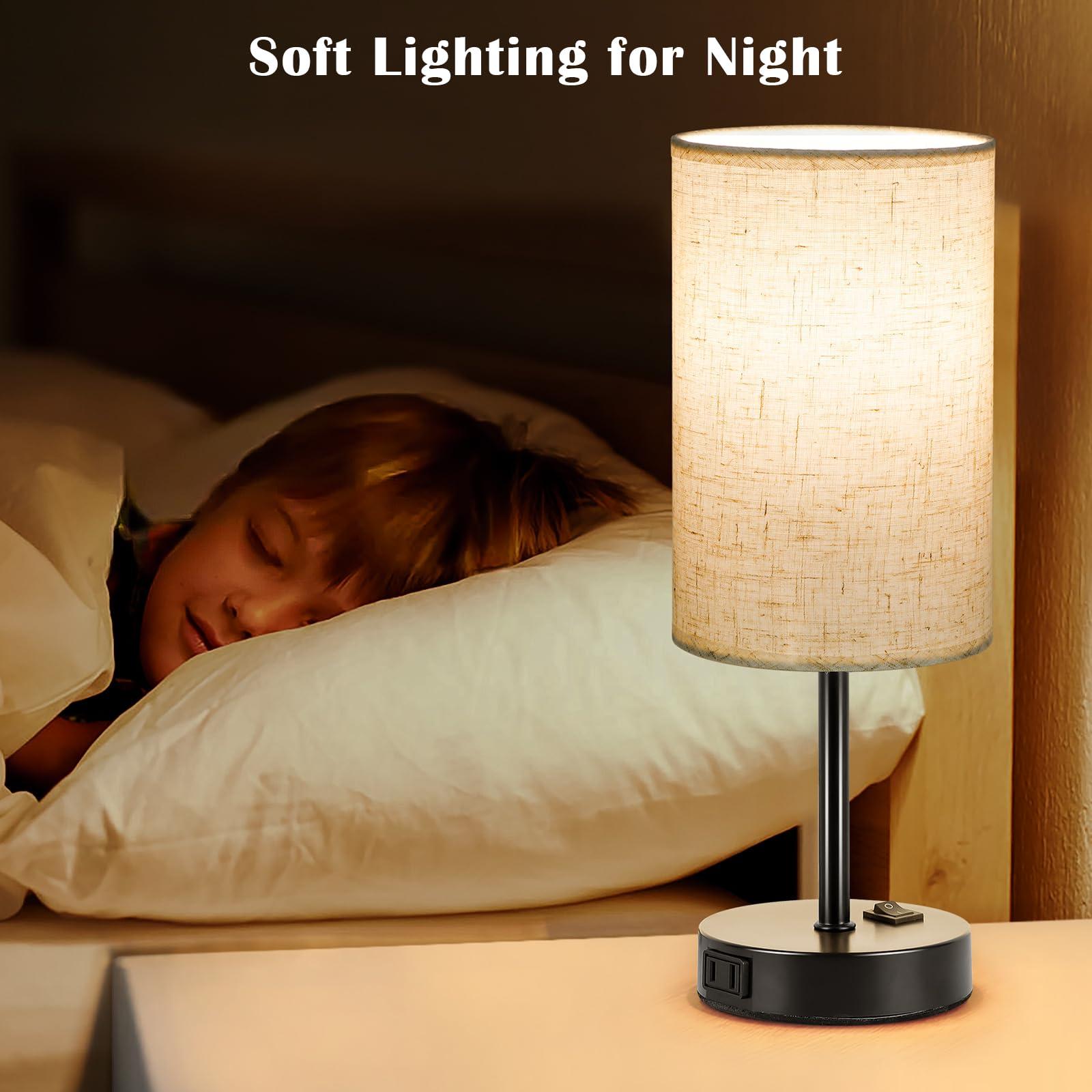 ZJOJO Table Lamp for Bedroom Set of 2, Bedside Small Lamps with 3 Way Dimmable Rocker Switch and AC Outlet, Nightstand Desk Lamp with Flaxen Fabric Shade Black Base for Living Room Home Decor Lights - Image 6