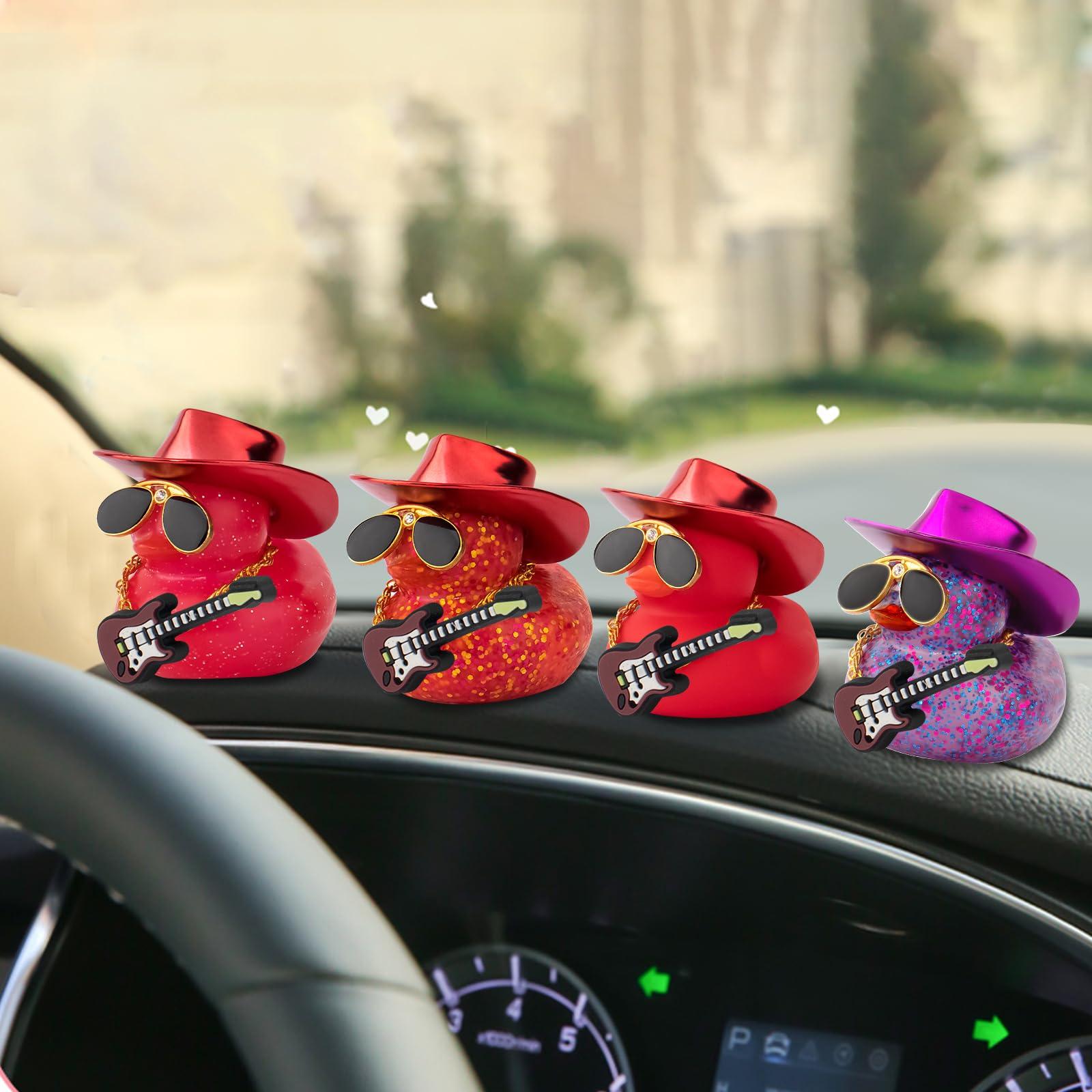 wonuu Car Decorations Laser Cowboy Hat Rubber Ducks, Dashboard Rubber Ducky for Car Ornament Cute Duck with Hat, Glasses, Necklace, Guitar (Glitter Purple) - Image 7