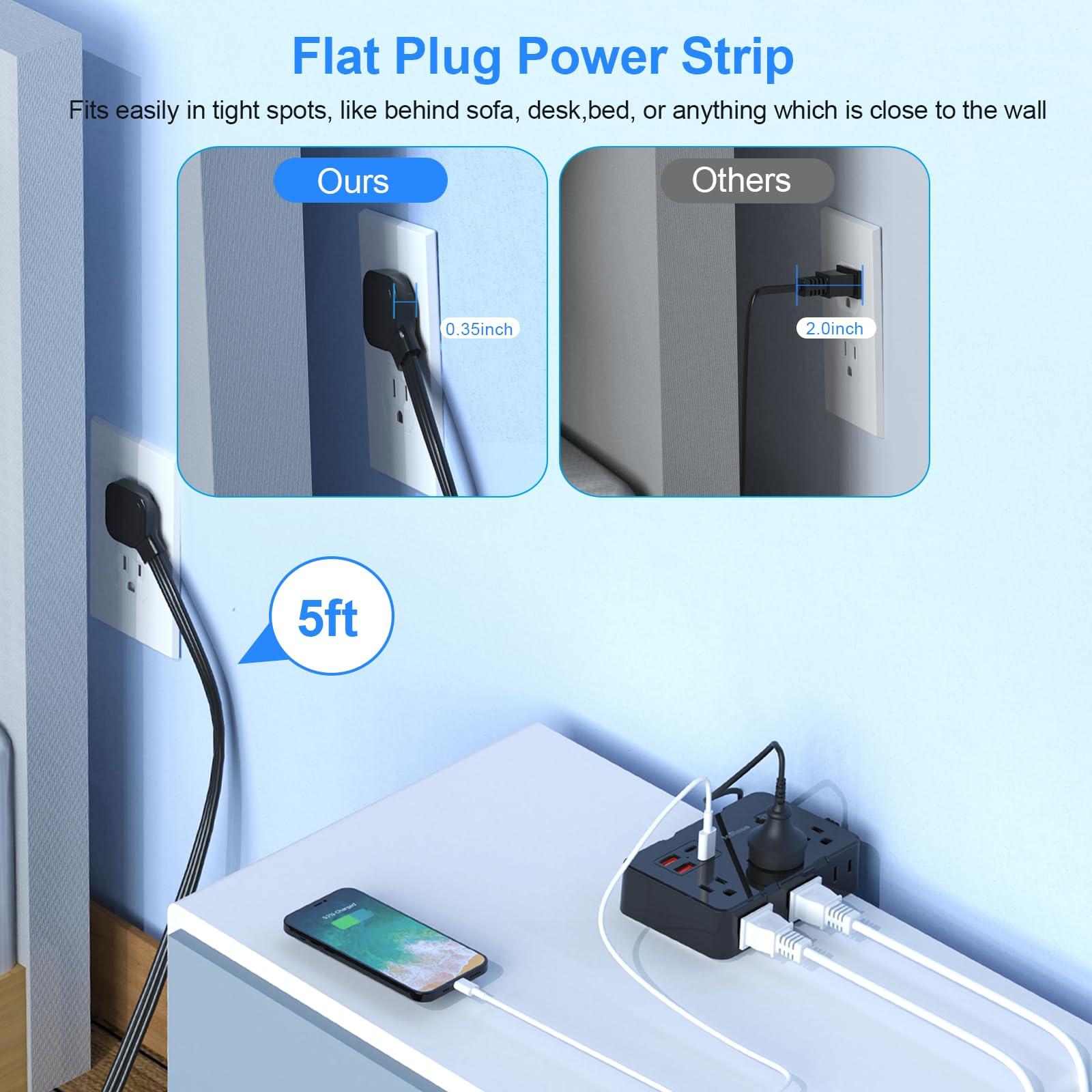 Flat Plug Power Strip Surge Protector, 5ft Ultra Thin Extension Cord with 4 USB Wall Charger(2 USB C Port), 6 Widely-Spaced Outlets Power Strip Compact for Travel, Office, Dorm Room Essentials (Black) - Image 3