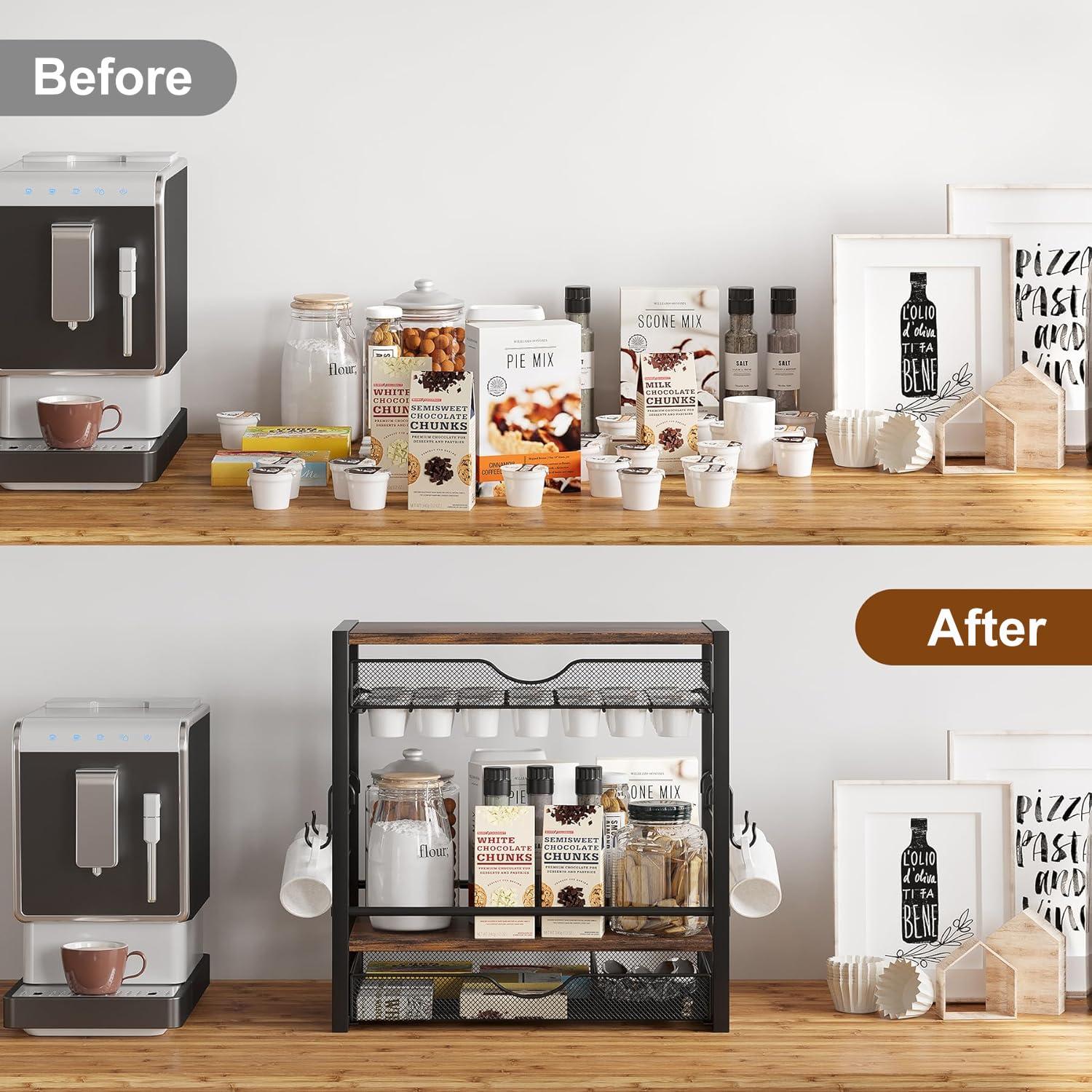 TQVAI Coffee Bar Station Organizer for Countertop, 70 Capsule K Cup Holder with Mugs Hooks, Pull Out Coffee Pod Organizer for Syrup Pack, Tea Bag, Bean, Black - Image 5