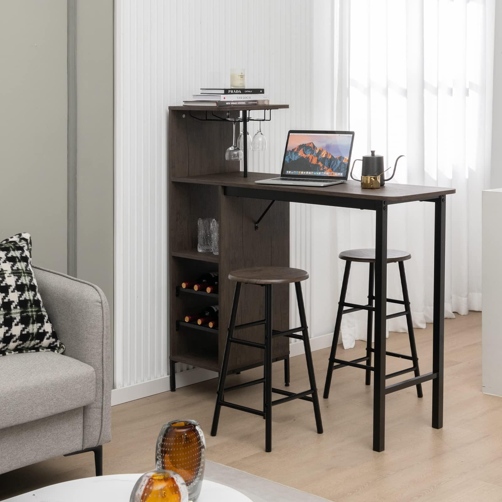 COSTWAY 3 Pieces Bar Table and Chair Set, Industrial Pub Table & Stools with Wine Glass Holders & 6-Bottle Wine Racks, Counter Height Dining Table Set for Living Room Dining Room Kitchen, Brown - Image 2
