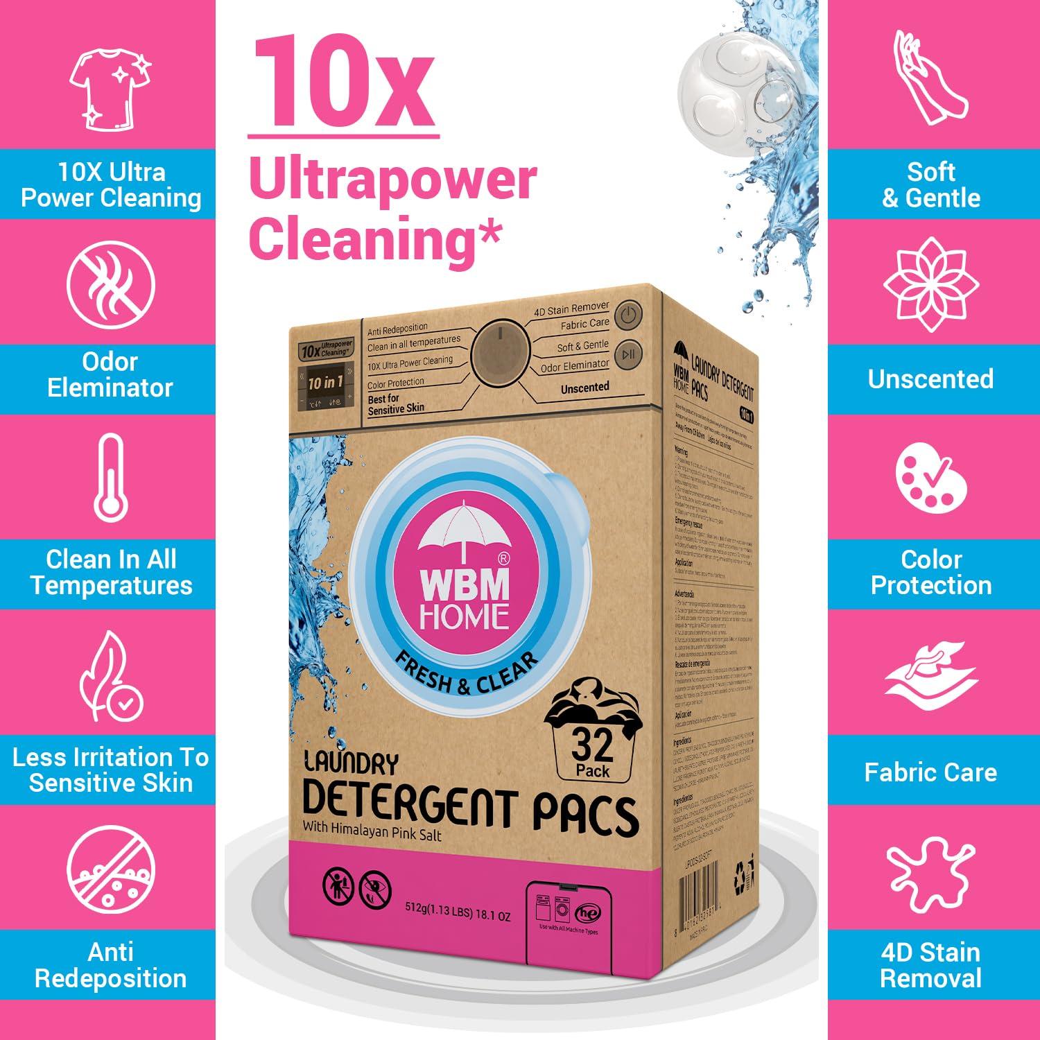 WBM Home Laundry Detergent Pods, 32 Count | Fresh & Clear Unscented | Laundry Pods 10x Ultrapower Cleaning With Color Protection and Eco-Friendly Packaging - Image 7