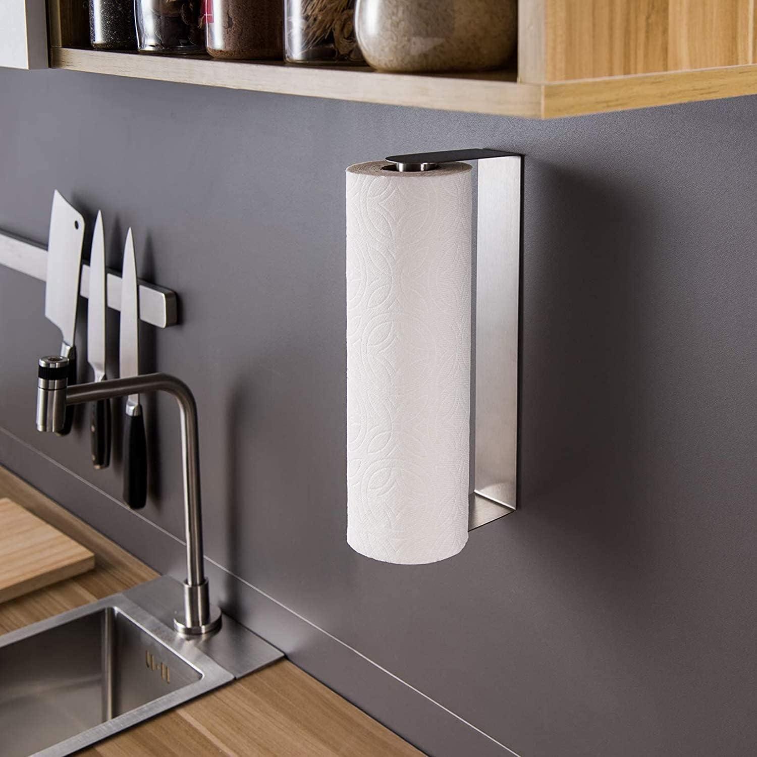 YIGII Paper Towel Holder Under Cabinet - Self Adhesive Paper Towel Rack Wall Mount for Kitchen, SUS-304 Stainless Steel Brushed - Image 3