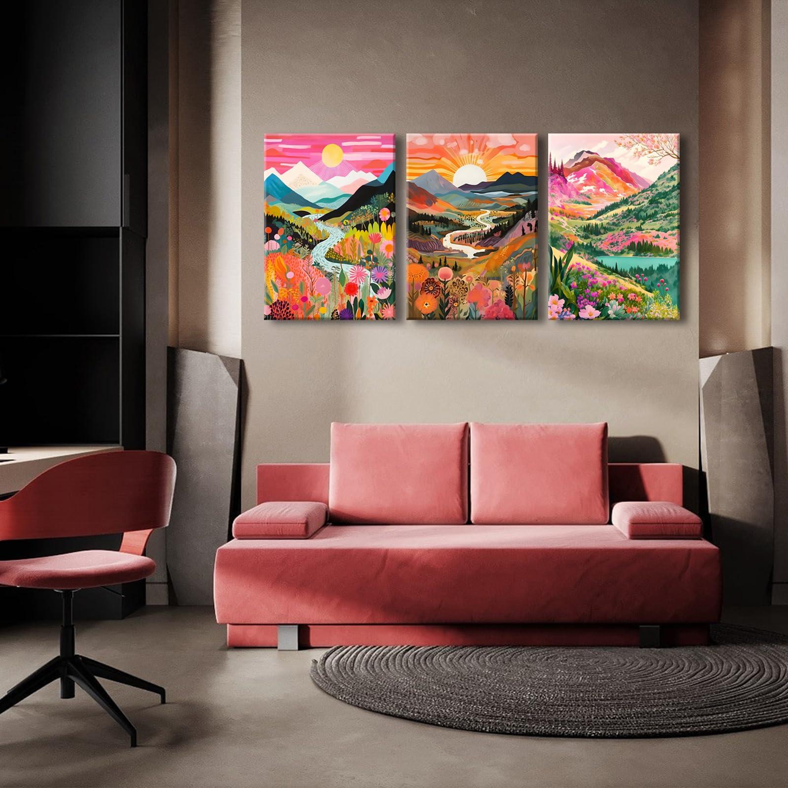 3Pcs Colorful Watercolor Mountain Canvas Wall Art Boho Floral Painting Picture Wall Decor Abstract Nature Landscape Poster Print Artwork for Living Room Bedroom Bathroom Office Home Decoration - Image 6