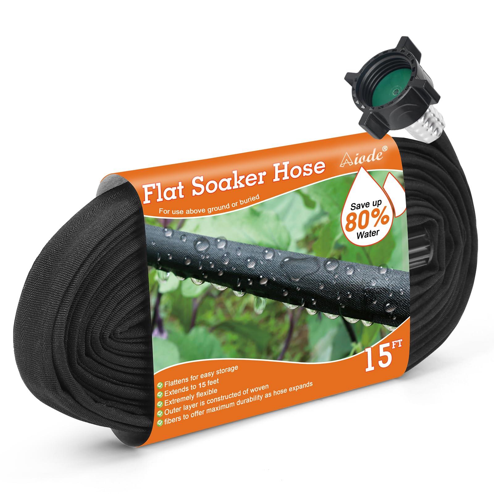 AIODE Flat Soaker Hose 15FT for Garden Beds Drip Hose Heavy Duty Save 80% Water for Vegetable Tree (15FT)