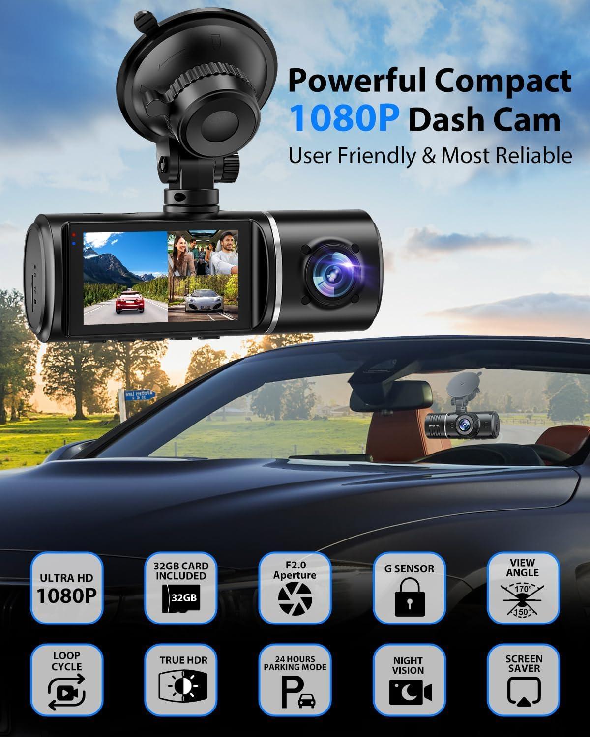 Dash Cam Front and Rear, 1080P Dash Camera for Cars, 3 Channel Car Camera Front Rear and Inside with 32GB Card, Loop Recording, Night Vision, HDR, G-Sensor, 24Hr Parking - Image 3