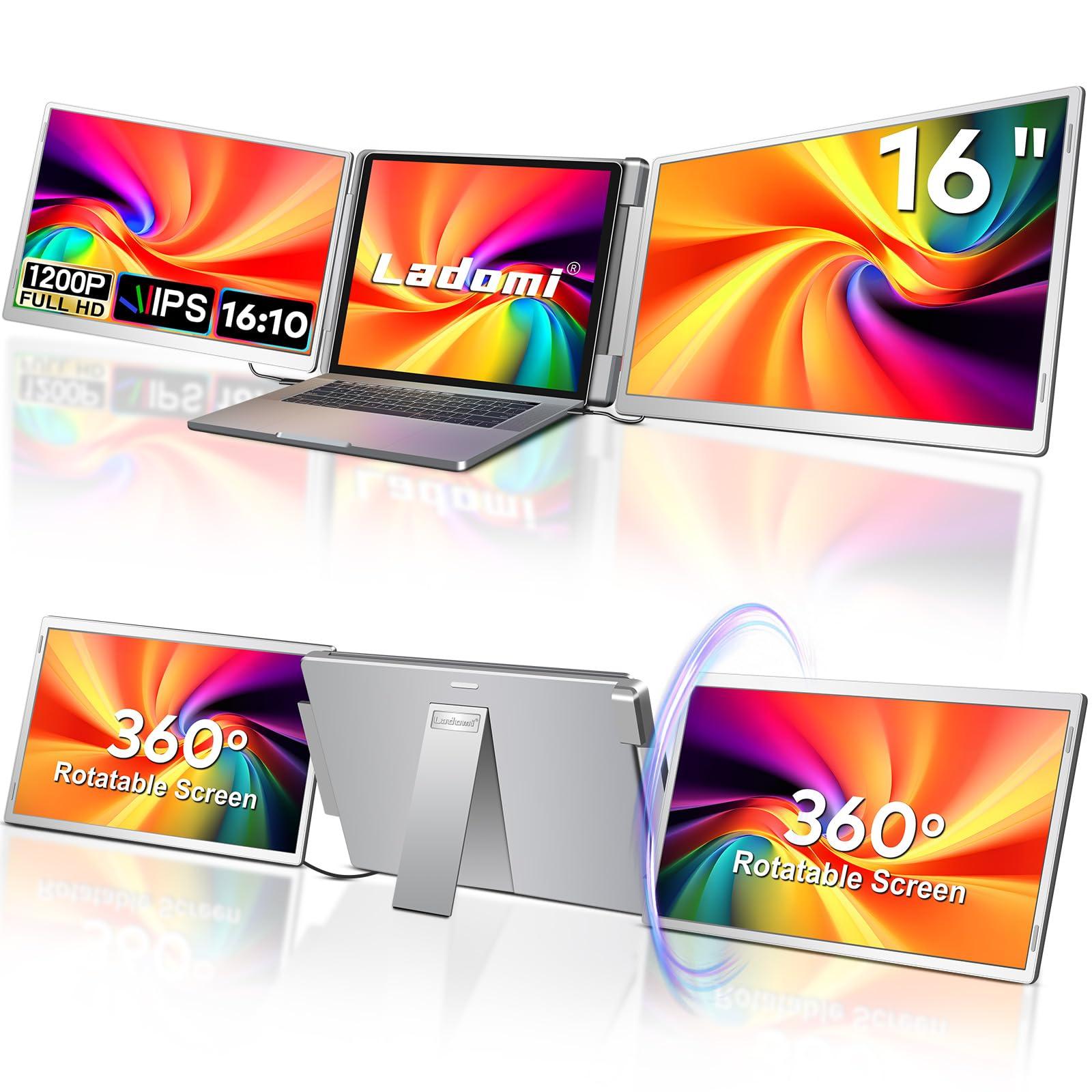 Laptop Screen Extender, 16" FHD 1200P IPS Triple Portable Screen Extender Monitor for 12"-18.5" Laptop, Plug & Play Laptop Monitor Extender, Fit for MacOS, Wins, Dex, Chrome, Surface, Switch