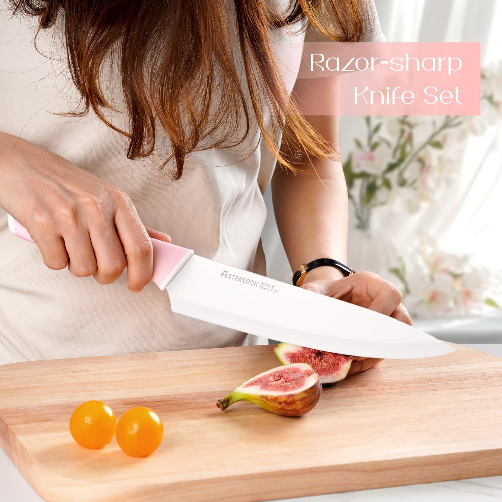 Astercook Knife Set, Kitchen Knives Set with Block and Sharpener Ceramic Coating 15 Pcs German Stainless Steel Knives Sharp Blade Dishwasher Safe Knife Block Set with Ergonomic Handle, Crystal Pink - Image 2