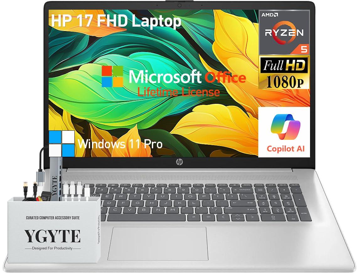 HP 2025 17 Inch Laptop Computer, 17.3 IPS FHD Business Laptop PC, AMD Ryzen 5 6-Core, 64GB RAM 2.5TB Storage (2TB SSD+512GB Docking Set), Windows 11 Pro Lifetime Office, 10-Key Number Pad