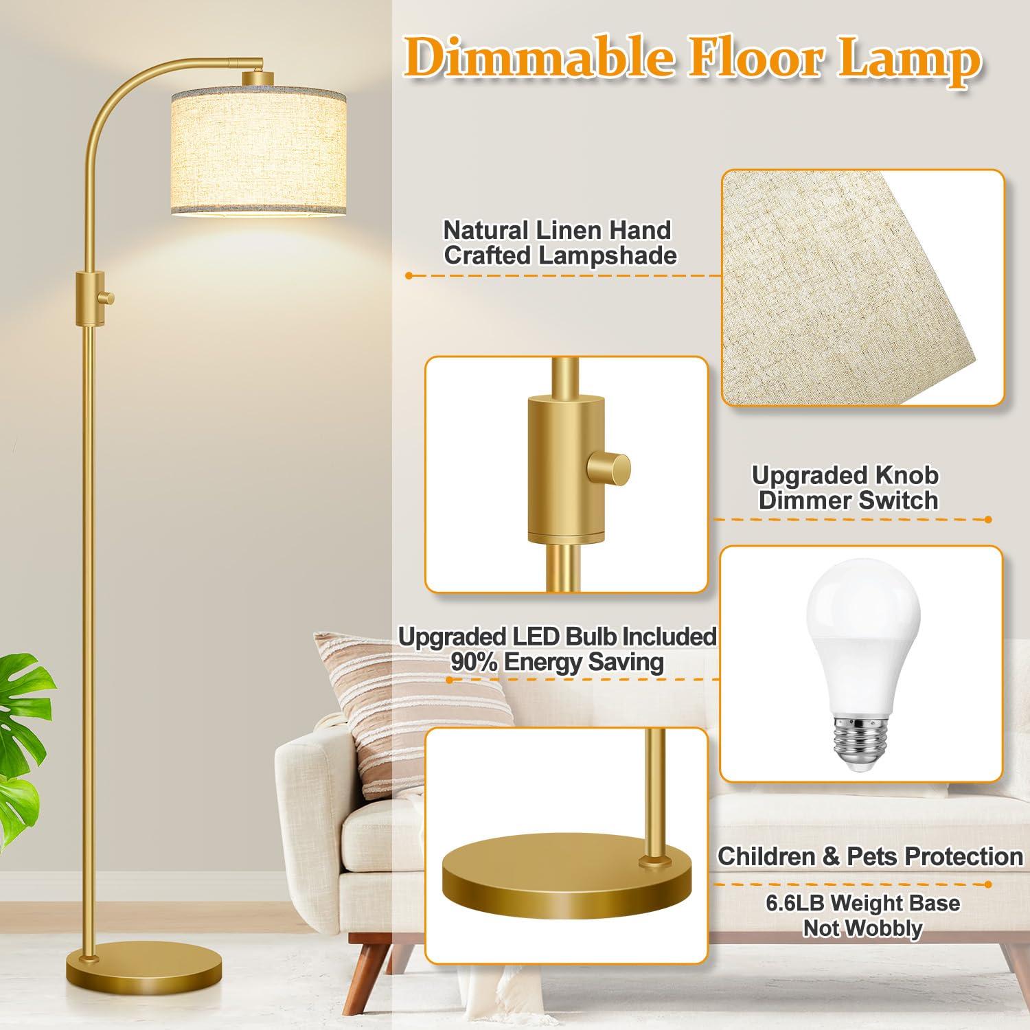 【Upgraded】 Dimmable Gold Floor Lamp, 1200 Lumens LED Bulb Included, Arc Floor Lamps for Living Room Modern Standing Lamp with Linen Shade, Tall Lamp for Living Room Bedroom Office Reading Room Nursery - Image 4