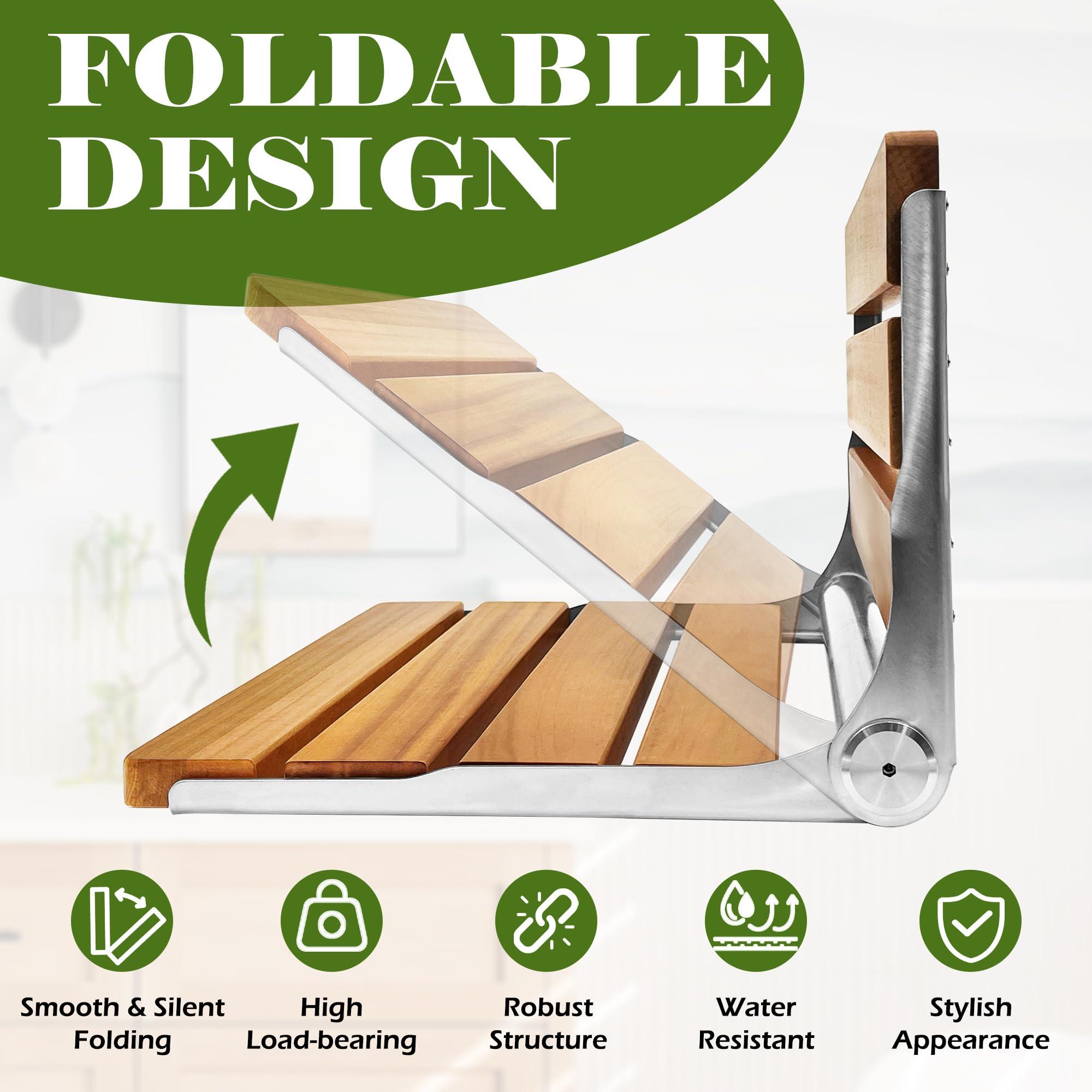 Koretech Folding Shower Seat Teak, Folding Shower Seat Wall Mounted, Foldable Shower Chair for Home Care, 450 lbs Capacity (Stainless Steel, 13'' D x 17'' W x 10'' H) - Image 5