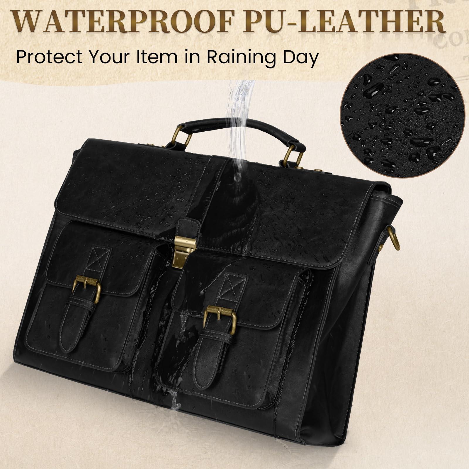 RAINSMORE Mens Messenger Bag 15.6 Inch Leather Vintage Laptop Briefcase Waterproof Computer Laptop Bag Leather Satchel Bag Large Shoulder Bag for Office Work Travel College, Black - Image 4