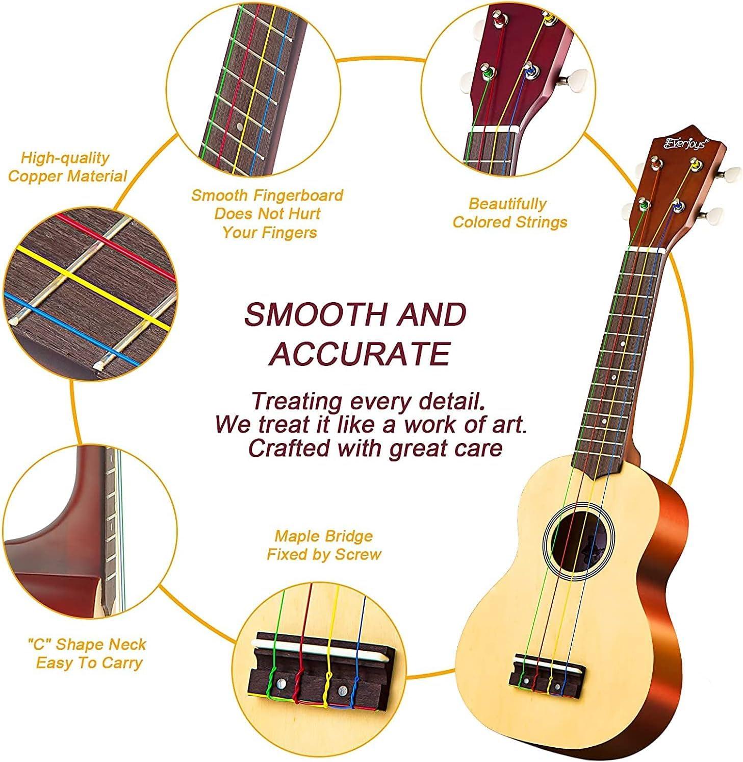 Everjoys Soprano Ukulele Beginner Pack-21 Inch w/Rainbow String Free Online Lesson Gig Bag Digital Tuner Pick All in One Kit - Image 2