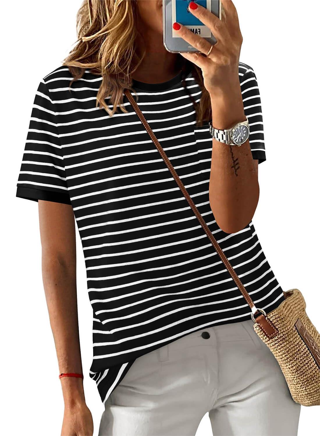 ONLYSHE Womens Short Sleeve Shirts Casual Crewneck Tops Tshirt Basic Tees Summer Fashion Strpied Clothes Outfits Tunic