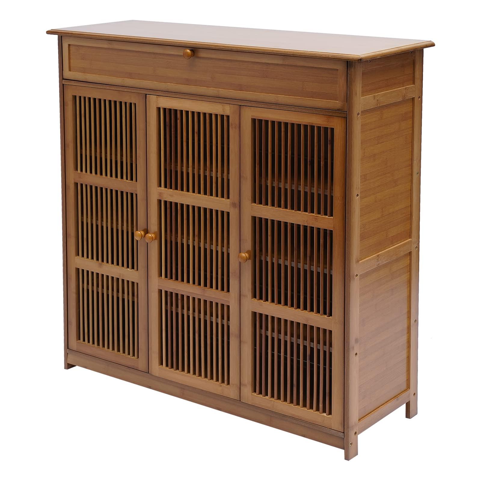 GUDBYWXB 39" Bamboo Shoe Cabinet with Drawer 3-Doors Shoe Cabinet High Heels Storage Rack, for Bathroom, Living Room, Kitchen, Entrance, Etc