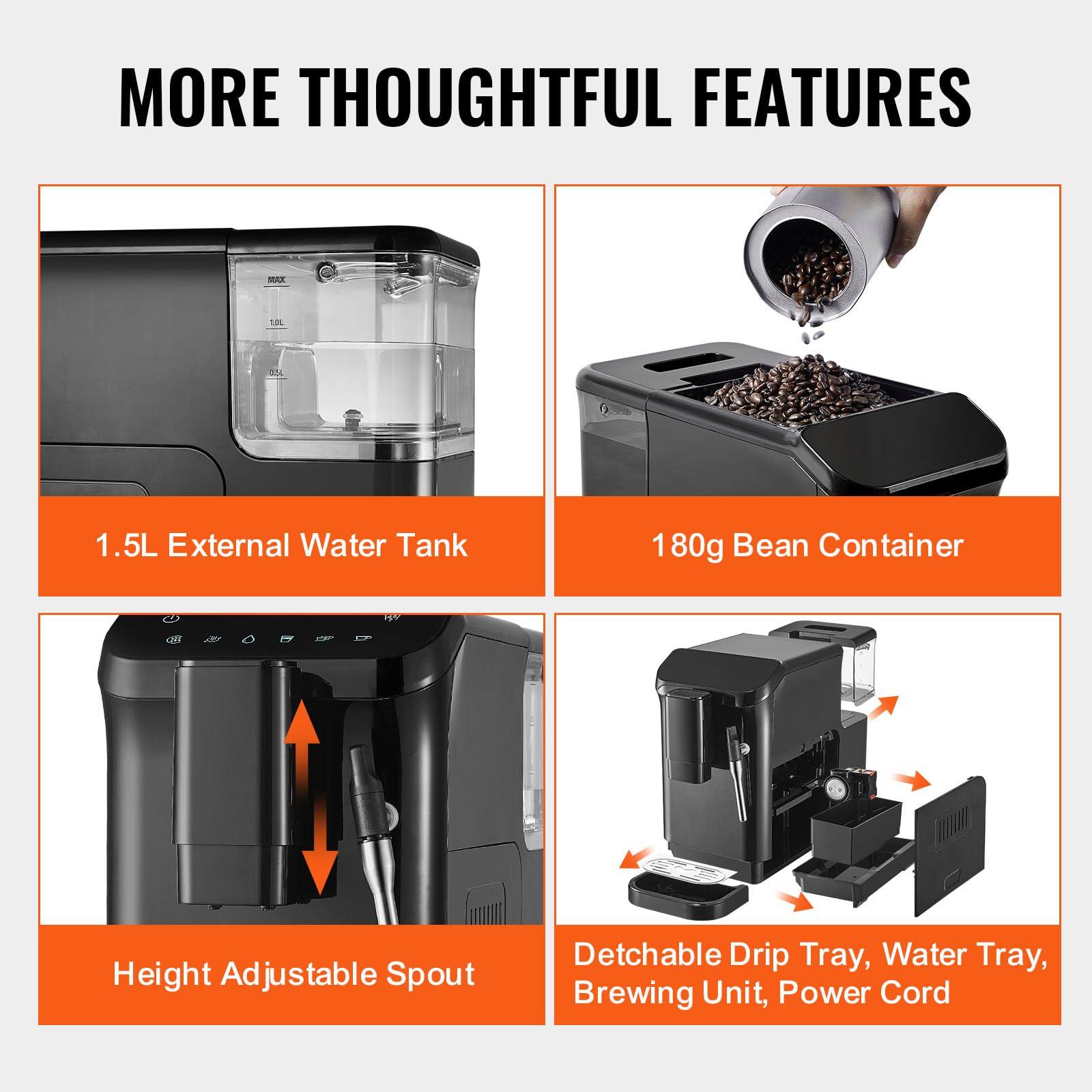 VEVOR Automatic Espresso Machine, 20 Bar Auto Coffee Machine with Frother Steam Wand, Built-In Grinder and 15-Level Grinding Settings, Professional Espresso Coffee Maker with 1.5L Water Tank - Image 8