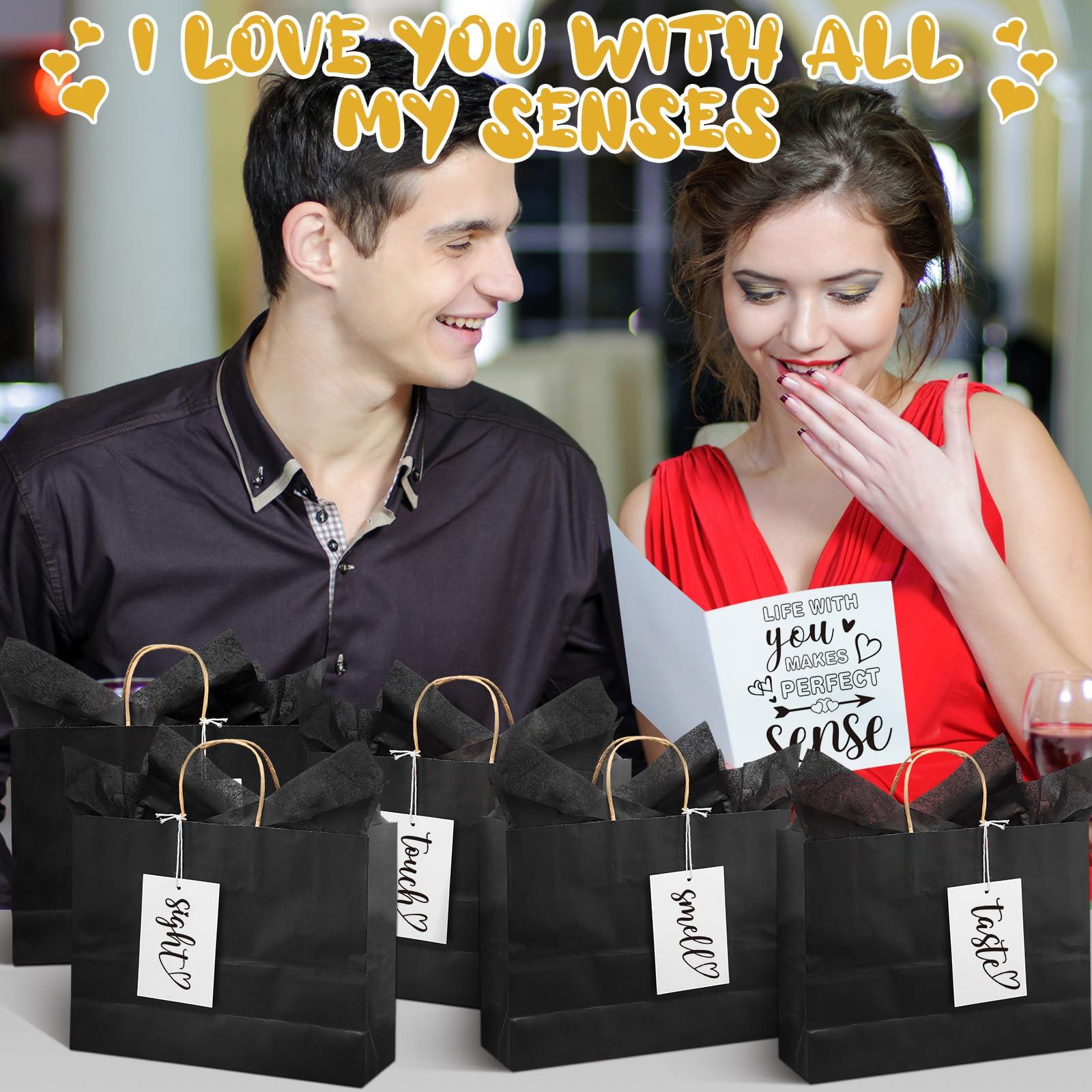 Kolldenn 5 Senses Gift Tags Kraft Paper Bag Set for Husband Wife 5 Sense Gift Bags Tissue Paper Greeting Card label for Him Her Couple Valentine Christmas(12.6 x 4.3 x 9.8 Inch,Black) - Image 4