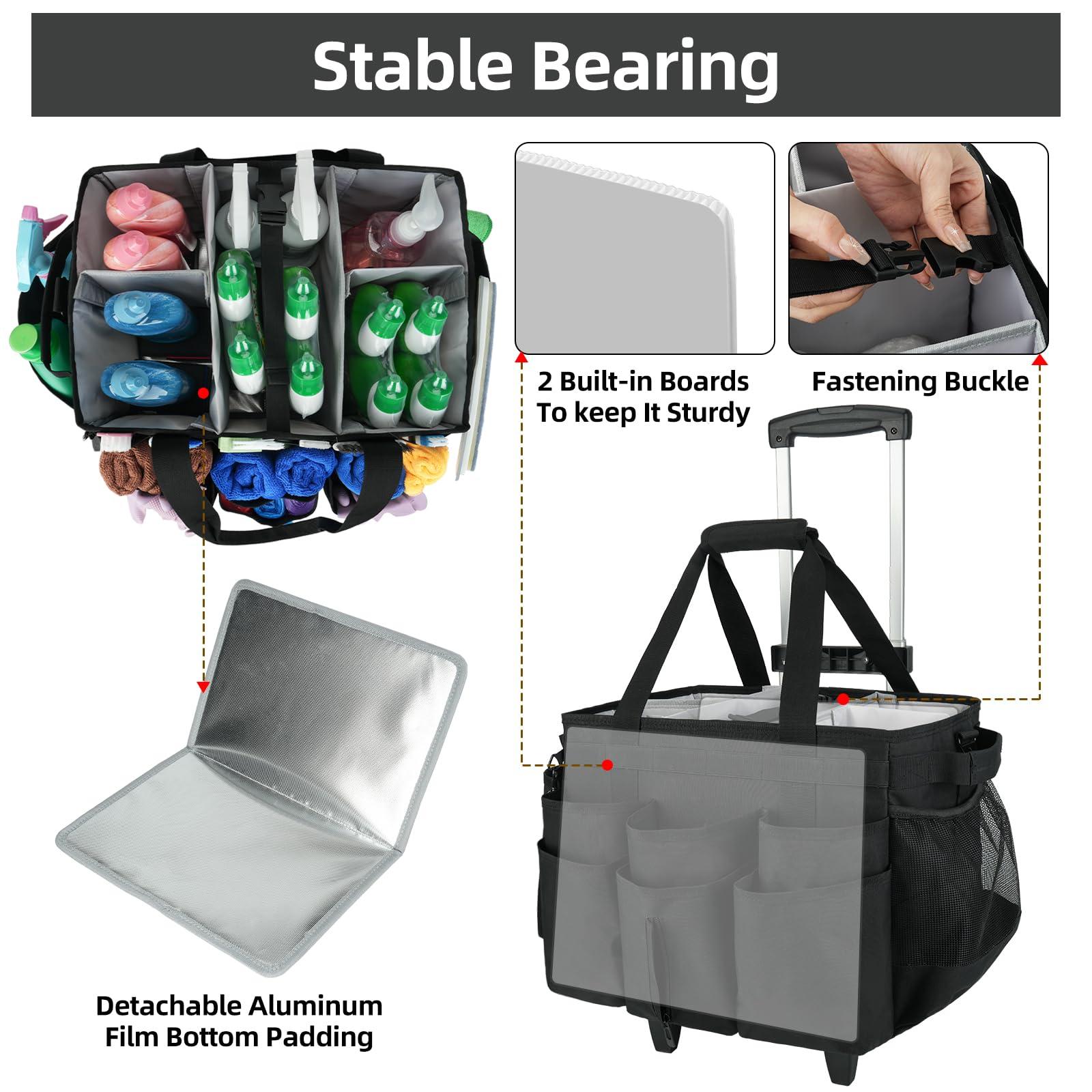 Large Rolling Cleaning Caddy Bag with Detachable Trolley,Cleaning Cart on Wheels with Shoulder Strap,Cleaning Supplies Organizer for Housekeepers,Black - Image 3