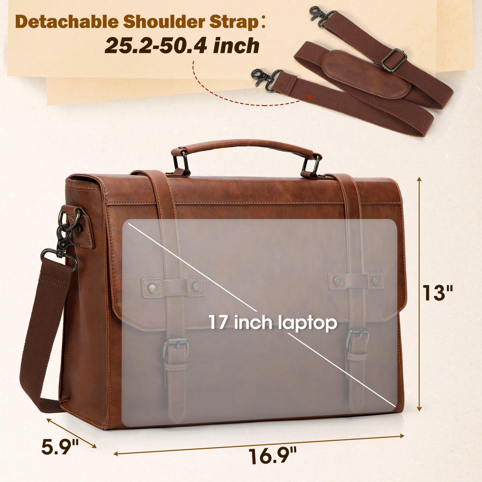 RAINSMORE Mens Messenger Bag 17 Inch Waterproof Vintage Leather Laptop Briefcase Large Laptop Bag Satchel Bag Computer Shoulder Bag for Office Business Travel College,Brown - Image 2