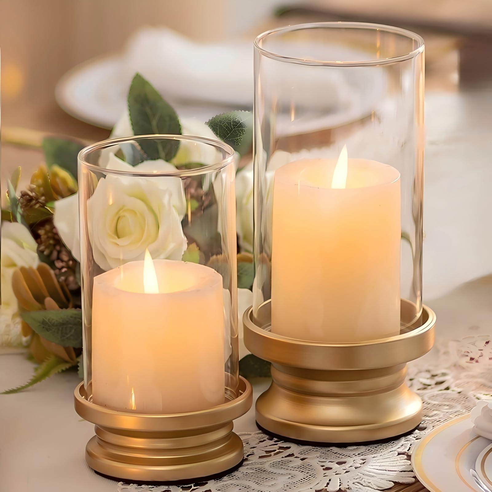 NUPTIO Hurricane Candle Holder Gold: Set of 2 Candle Holders for Pillar Candles with Clear Glass Sleeve - Decorative Metal Pillars Stands for Wedding Party Christmas Holiday Dining Table Centerpiece