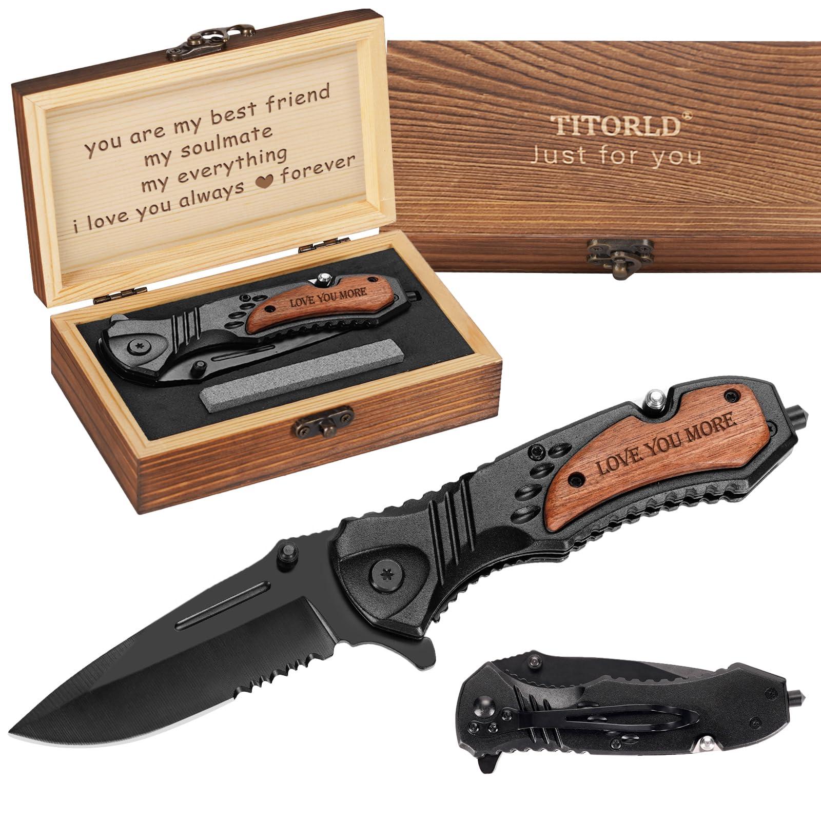 Gifts for Men Him Husband, Anniversary Birthday Gifts ideas for Him, Engraved Pocket Knife, Wooden Handle Folding Knife with Wood Box, Unique Outdoor Camping Hunting Fishing Tool