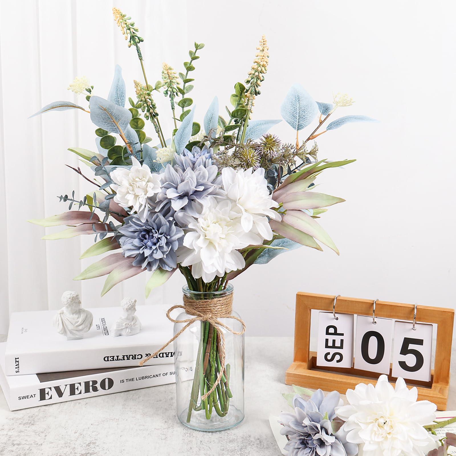 Fake Artificial Flowers Bouquet for Decoration, Silk Floral Arrangements Faux Flowers Plant Wedding Bride Bouquets Tables Centerpieces for Rustic Home Decor Indoor Vase Floral Table Decor (Blue White) - Image 2