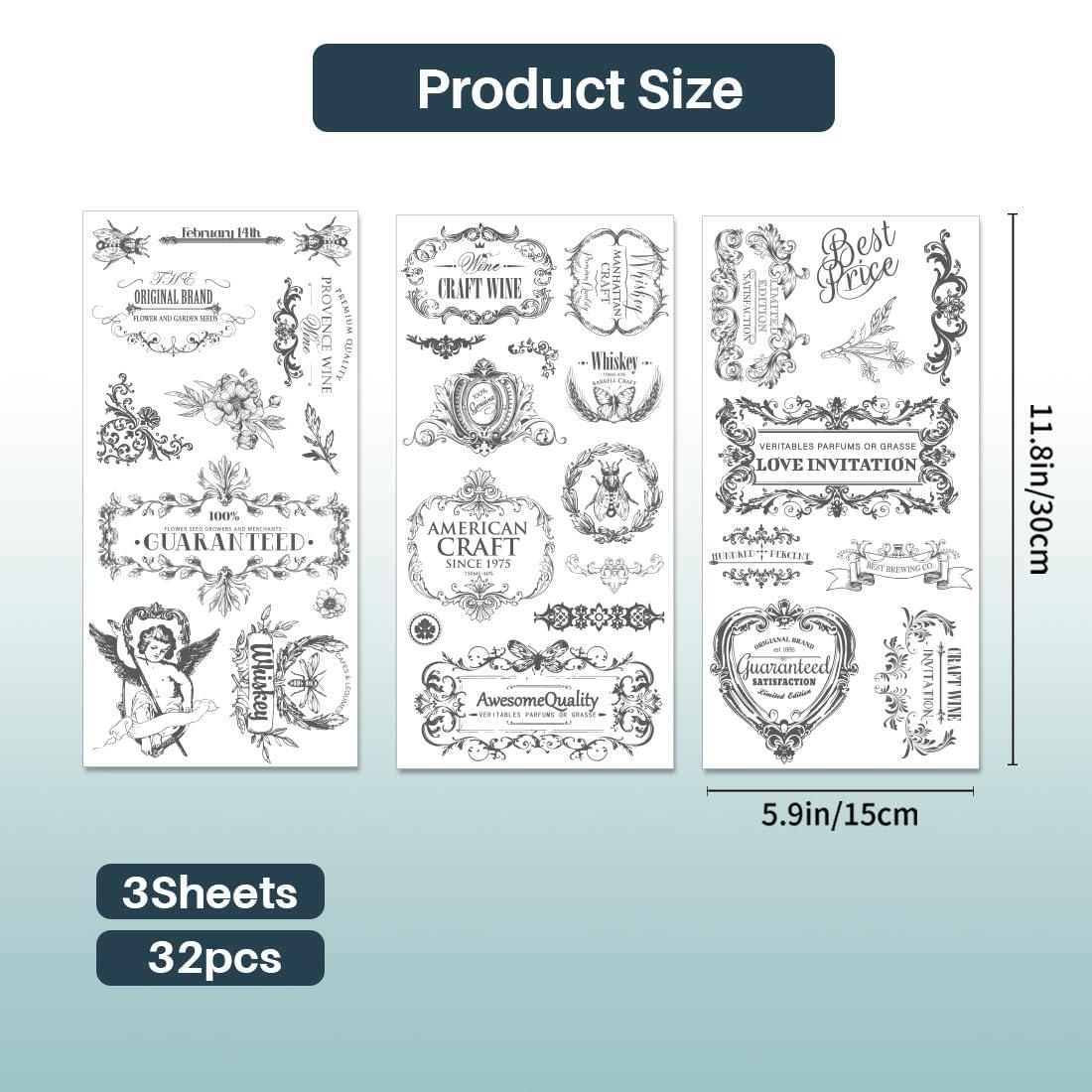 PLIGREAT 3 Sheets Vintage Label Rub on Transfers for Crafts and Furniture, Rub on Transfer Stickers Home Decor Transfer Paper for DIY Wood Furniture Drawer Cabinet Fridge Door Table Chair Decoration - Image 3