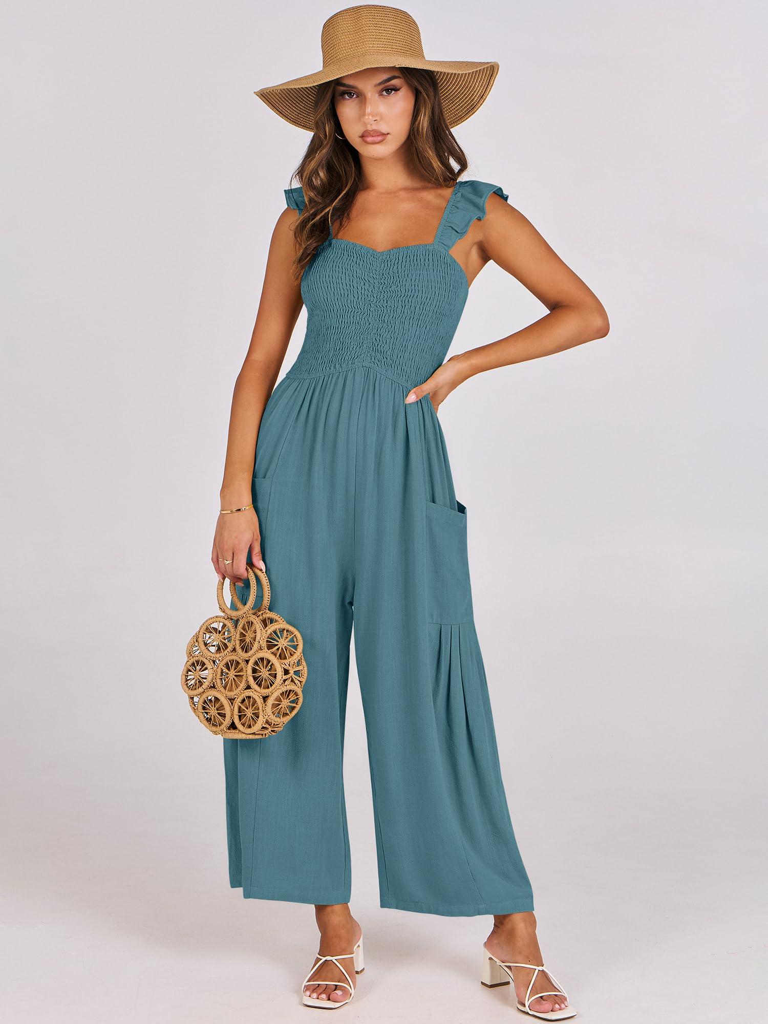 ANRABESS Women Summer Casual Dressy Sleeveless Smocked Wide Leg Linen Jumpsuits Rompers 2025 Trendy Travel Outfit Pocket - Image 2