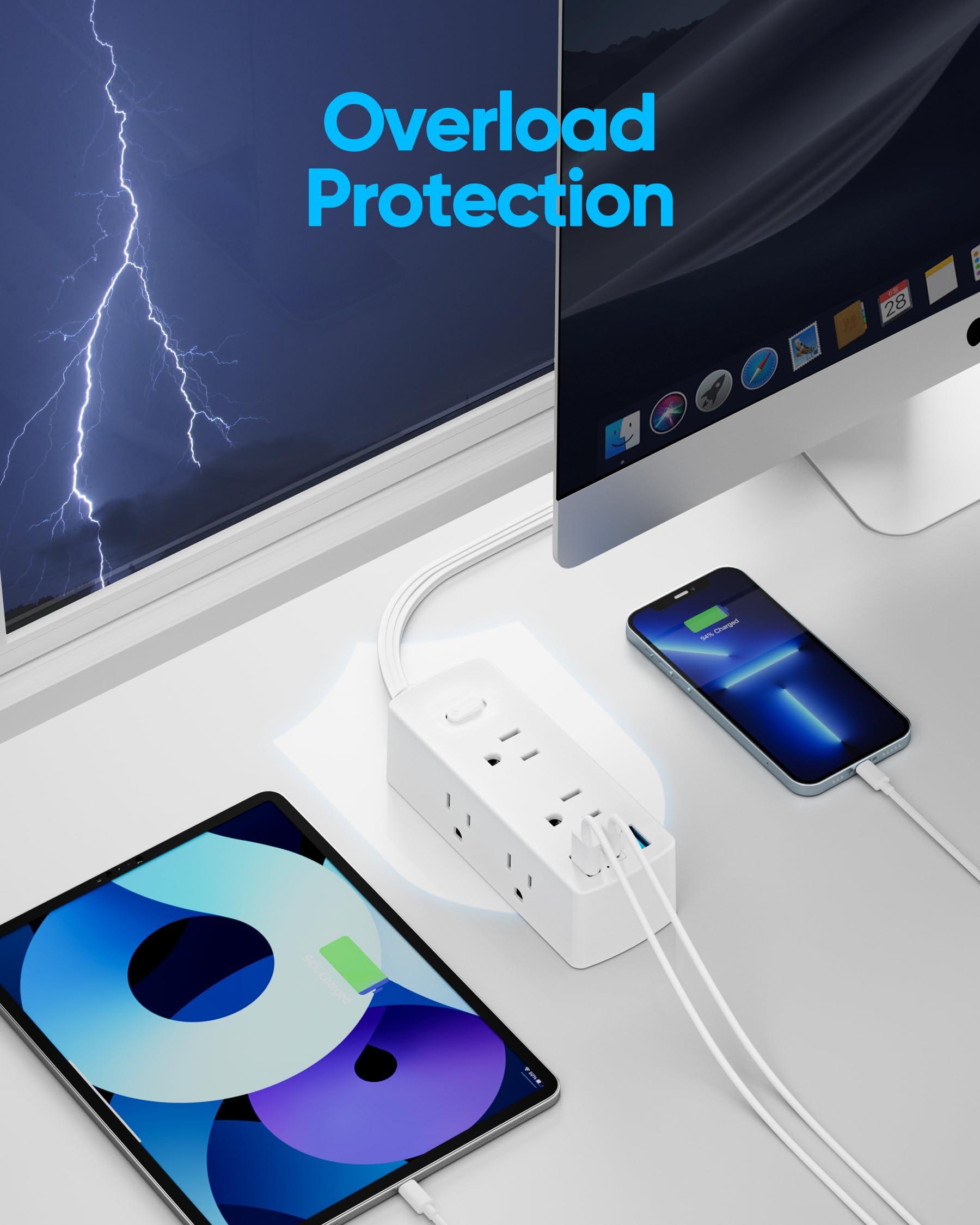 Flat Plug Power Strip, Olcorife Flat Extension Cord 5ft, 6 Outlets 3 USB Ports(1 USB C), 3-Side Outlet Extender Surge Protector for Home Office Travel Dorm Room Essentials, White - Image 6