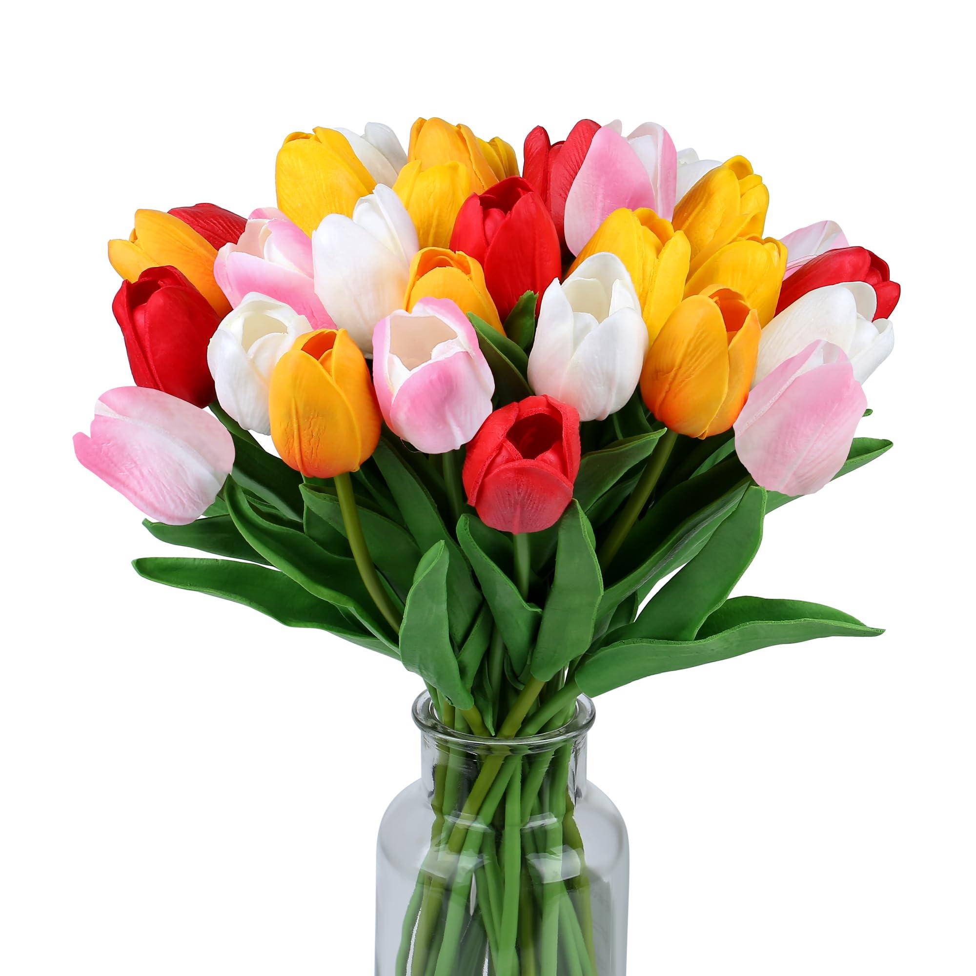 SITUMEIZI Fake Flowers Tulips Artificial Silk Flower 15pcs Real Touch 14" for Spring Easter Home Kitchen Wedding Bouquet Bulk Mother's Gift Day Decorations(Assorted Colors,5)