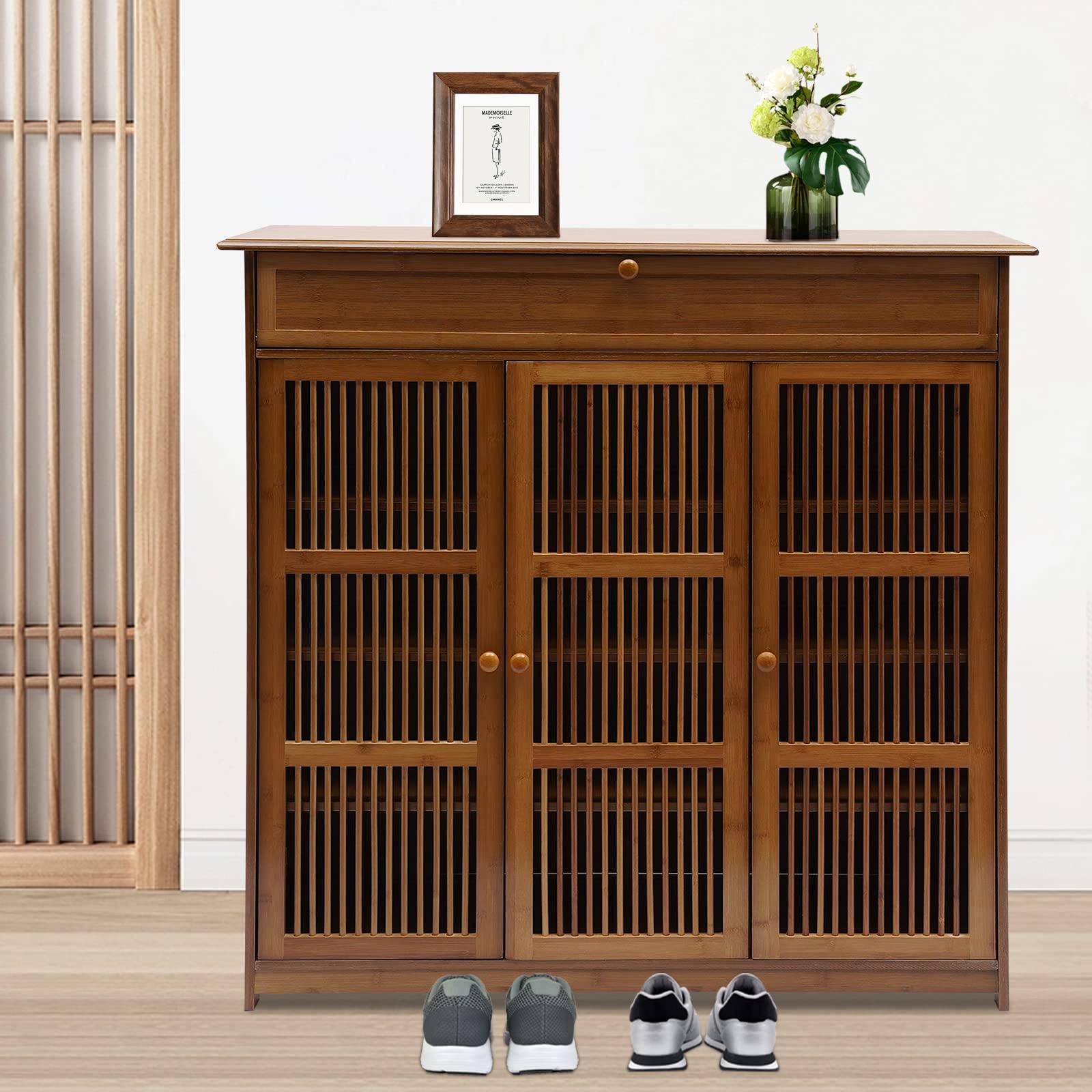 GUDBYWXB 39" Bamboo Shoe Cabinet with Drawer 3-Doors Shoe Cabinet High Heels Storage Rack, for Bathroom, Living Room, Kitchen, Entrance, Etc - Image 2