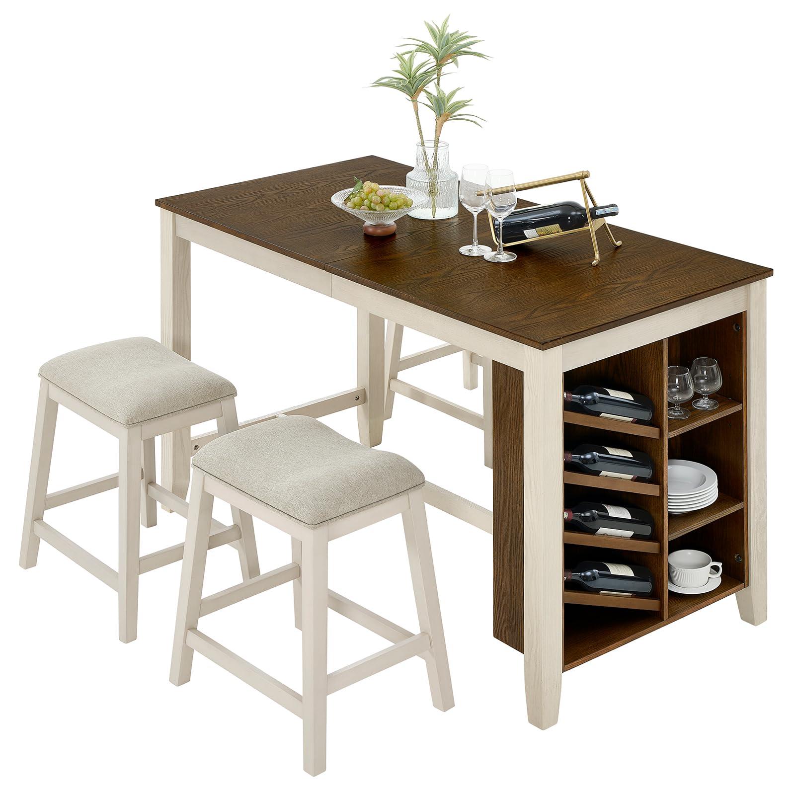 AMERLIFE 60" Solid Wood Counter Height Dining and Kitchen Table Set for 4 Upholstered Stools, 7-Layer Storage Farmhouse Dinner Table with Chairs Built-in Wine Rack & Cabinet, 5-Piece Rectangle - Image 9