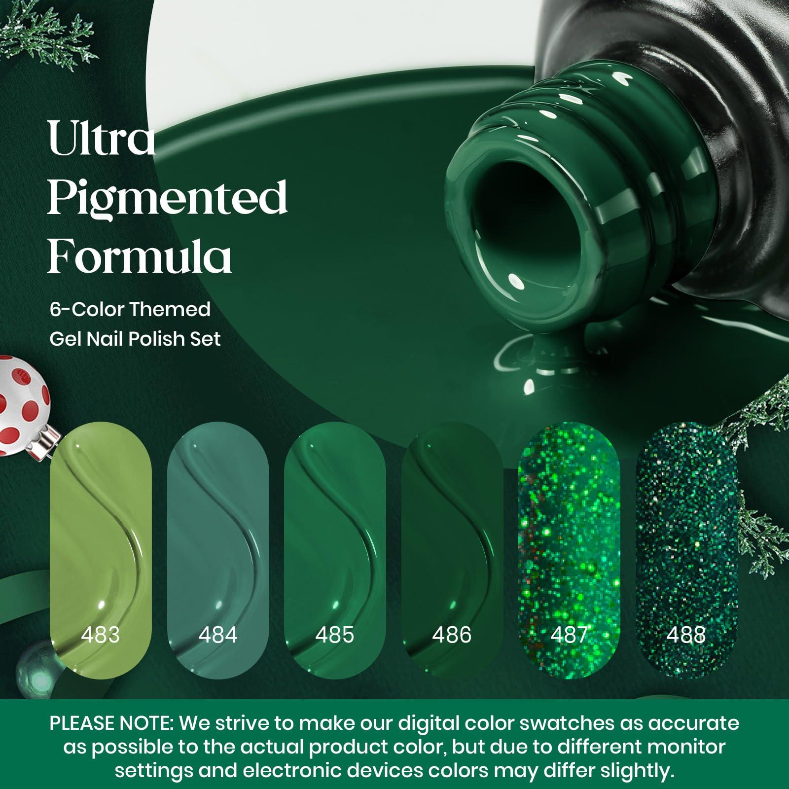 Beetles Carnival Evergreen Gel Nail Polish Set 6 Pcs Glitter Green Sparkle Gel Polish Kit Soak Off UV Nail Lamp Avocado Dark Green Nail Gel Nail Kit Nail Art Design - Image 3