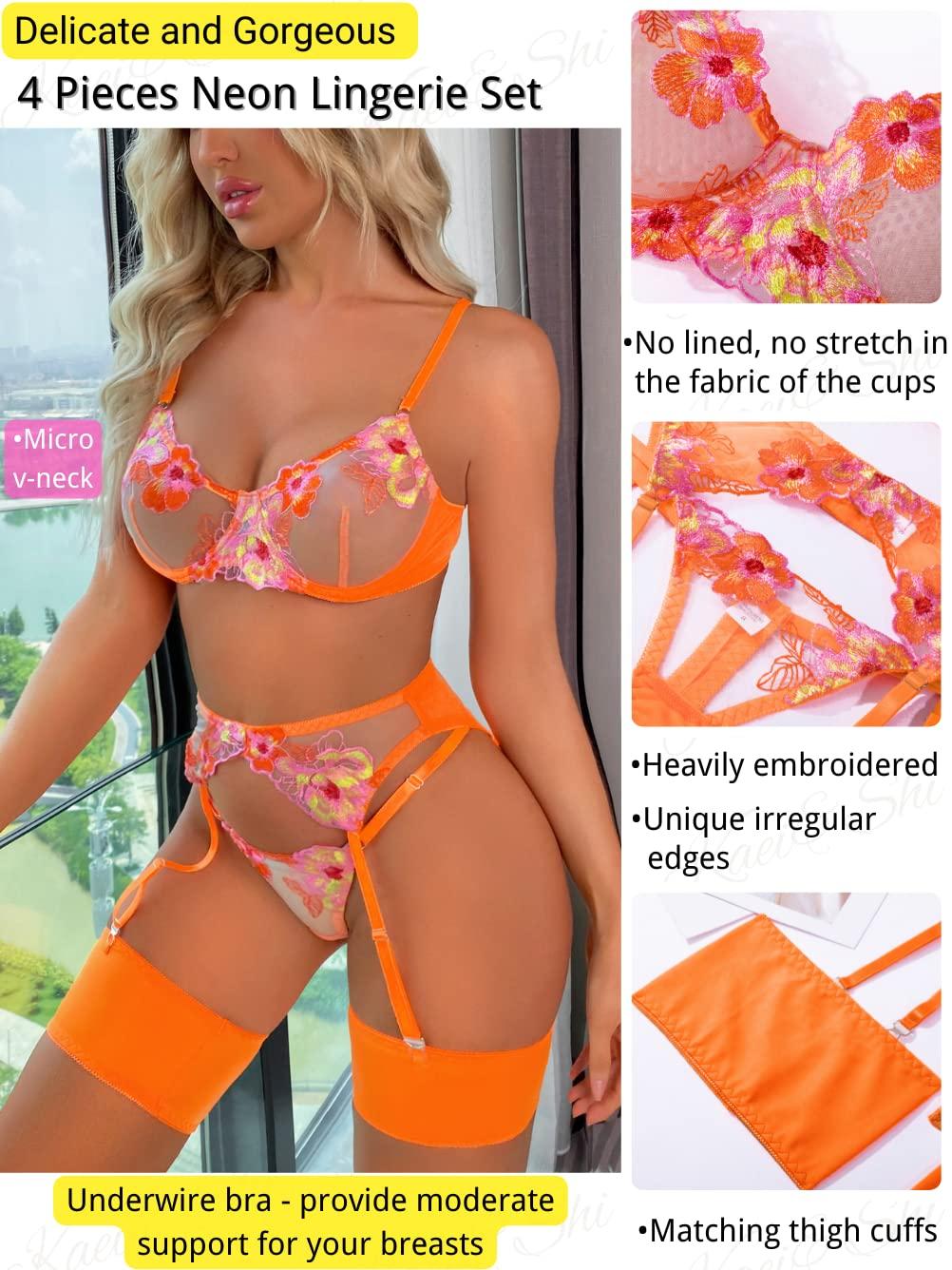 Kaei&Shi Floral Embroidered, Underwire, G-String, Garter Belt, 4 Pieces Lingerie - Image 3