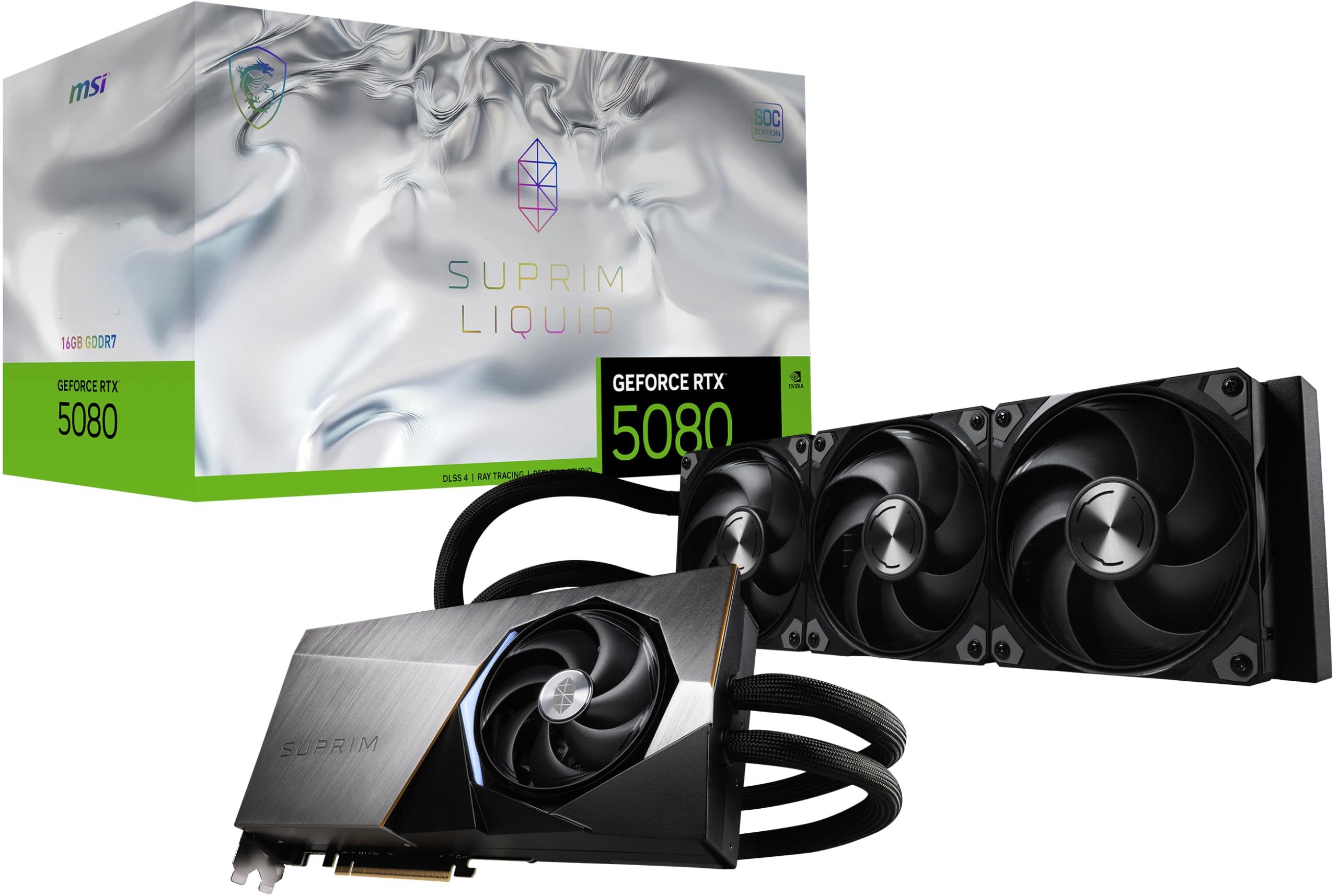 MSI Gaming RTX 5080 16G SUPRIM Liquid SOC Graphics Card (16GB GDDR7, 256-bit, Extreme Performance: 2760 MHz, DisplayPort x 3 2.1a, HDMI 2.1b, NVIDIA Blackwell Architecture)