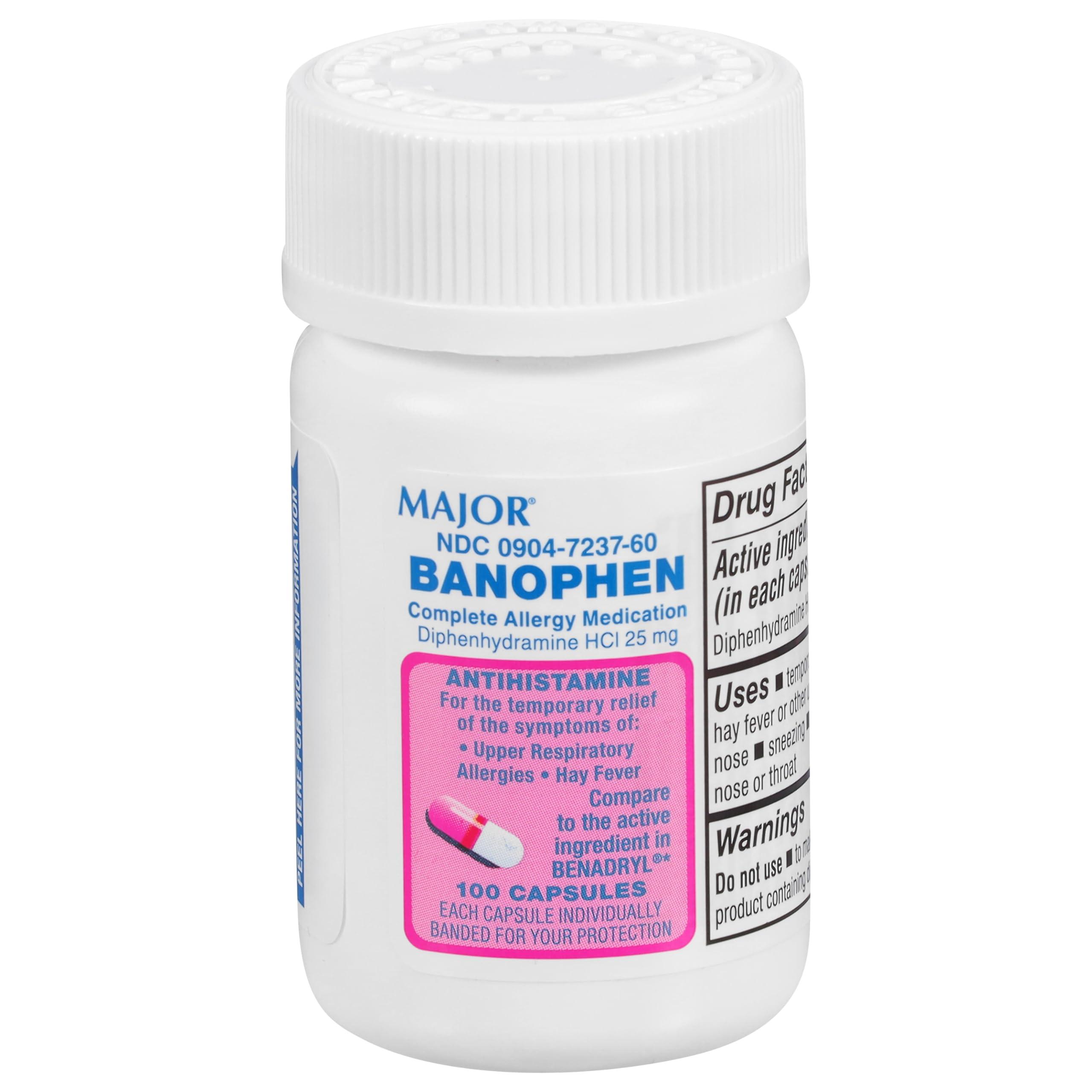 MAJOR Banophen Diphenhydramine HCI 25 mg Capsules - Temporarily Relief from The Symptoms of Hay Fever and Upper Respiratory Allergies - Antihistamine - Allergy Medicine - 100 Count (1 Pack)