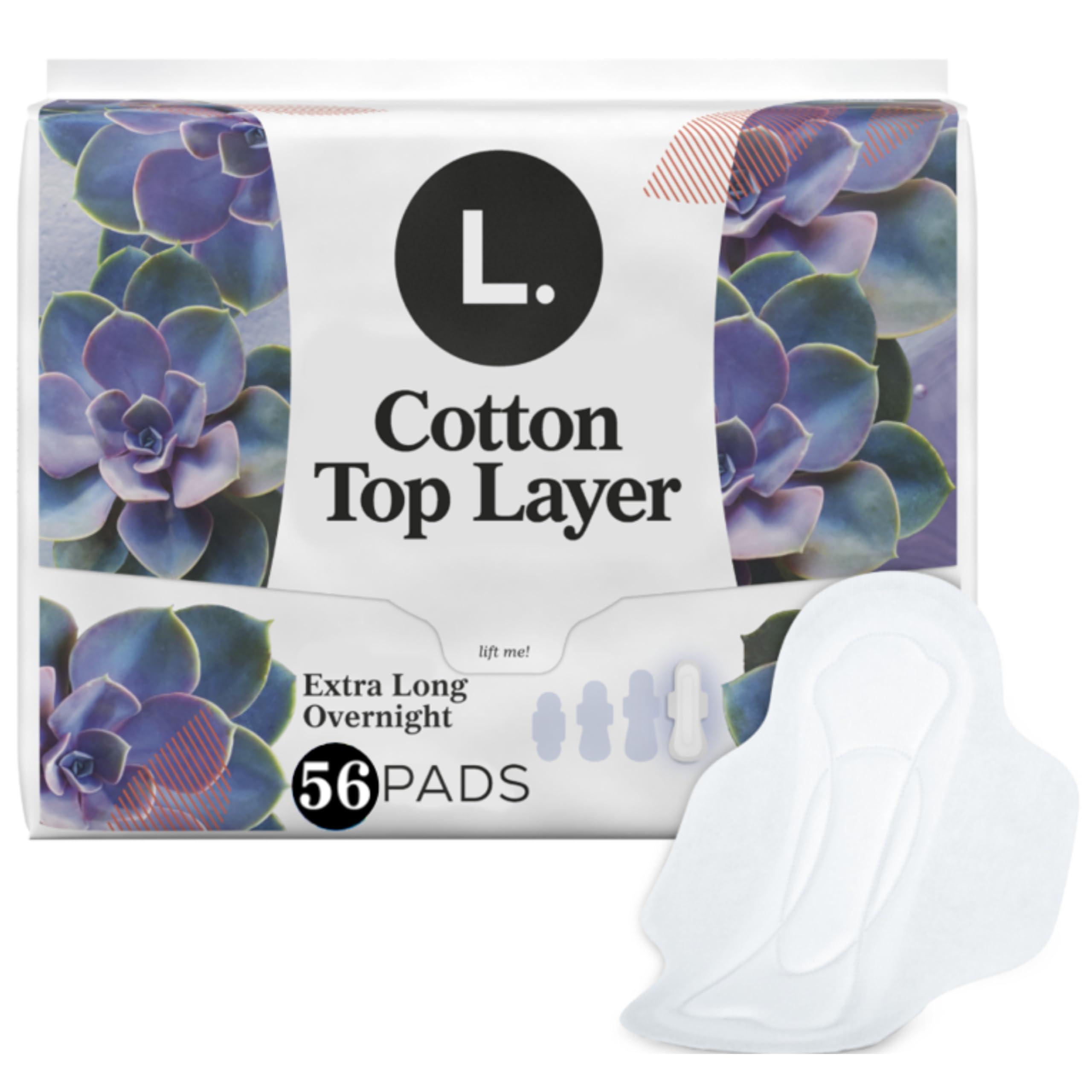 L. Extra Long Maxi Pads for Women, Overnight Absorbency, Organic Cotton Top Layer, Unscented Pads with Wings, 28 Count x 2 Packs (56 Count Total) (Packaging May Vary)
