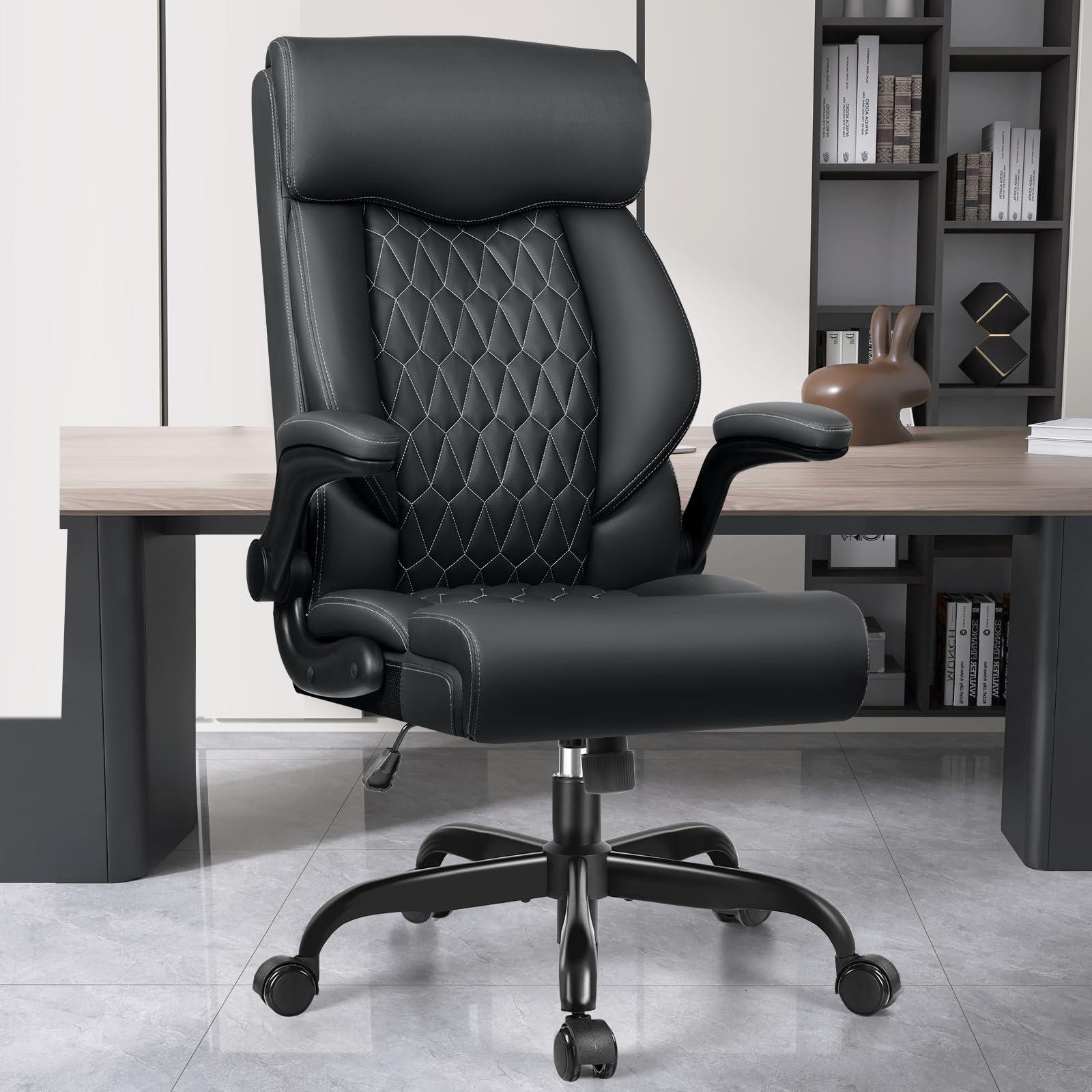 BestGlory High Back Executive Office Chair - Ergonomic Computer Desk With Rocking Function, Leather Managerial With Adjustable Flip-Up Armrests and Lumbar Support