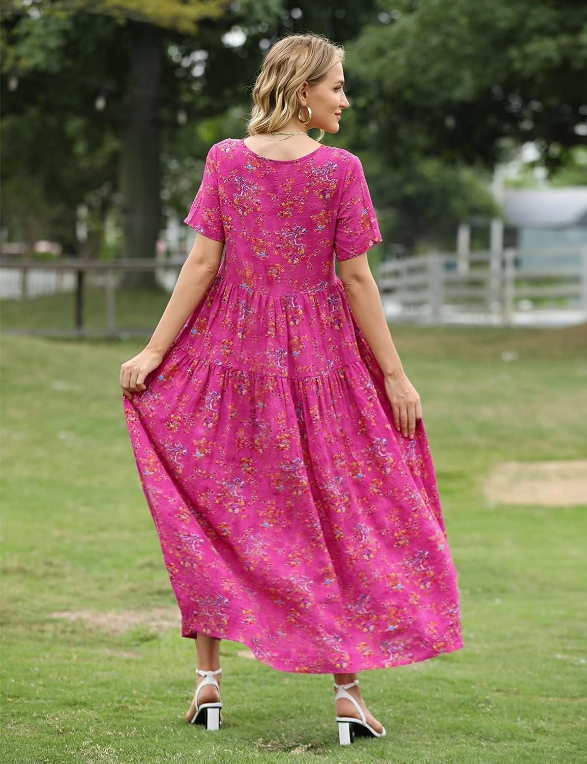 YESNO Women Casual Loose Bohemian Floral Dress with Pockets Short Sleeve Long Maxi Summer Beach Swing Dress EJF - Image 4
