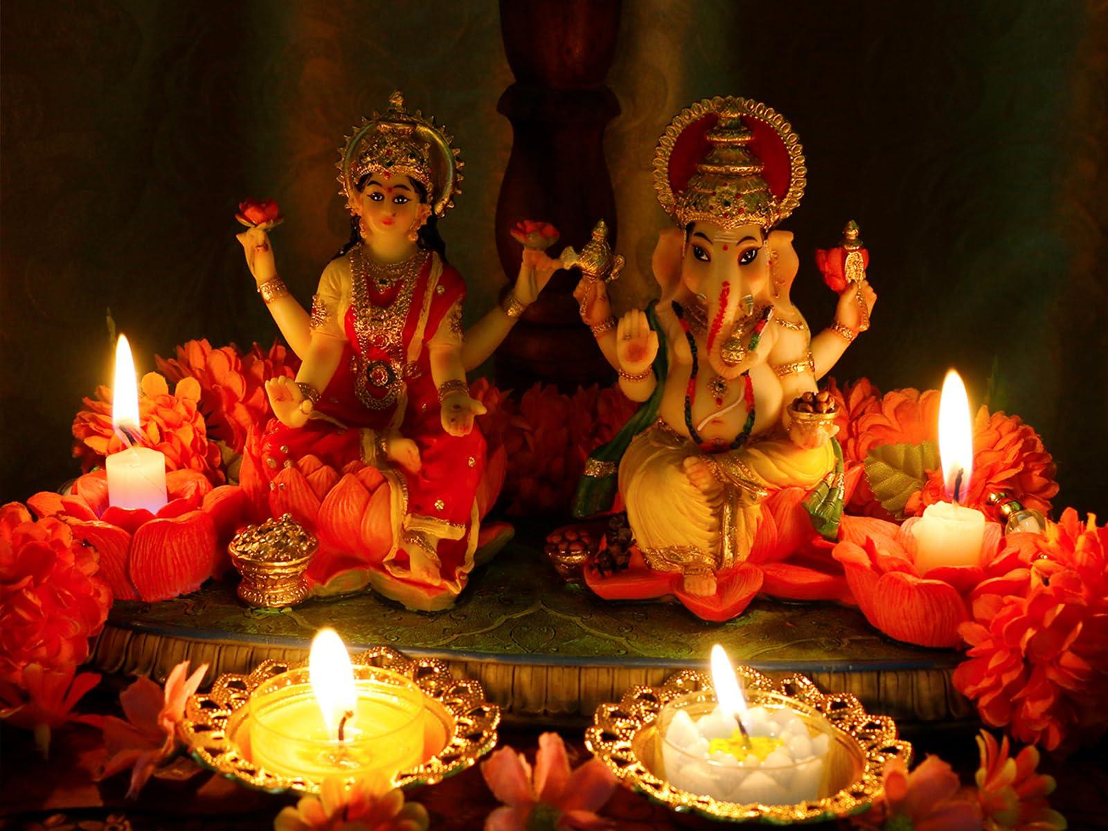 Indian God Ganesha Lakshmi Statue - 5.3”H Indian Idol Laxmi Ganesh with LED Diyas for Diwali Gifts Decor Home Office Mandir Temple Altar Puja Item Hindu Murti Pooja Sculpture - Image 8
