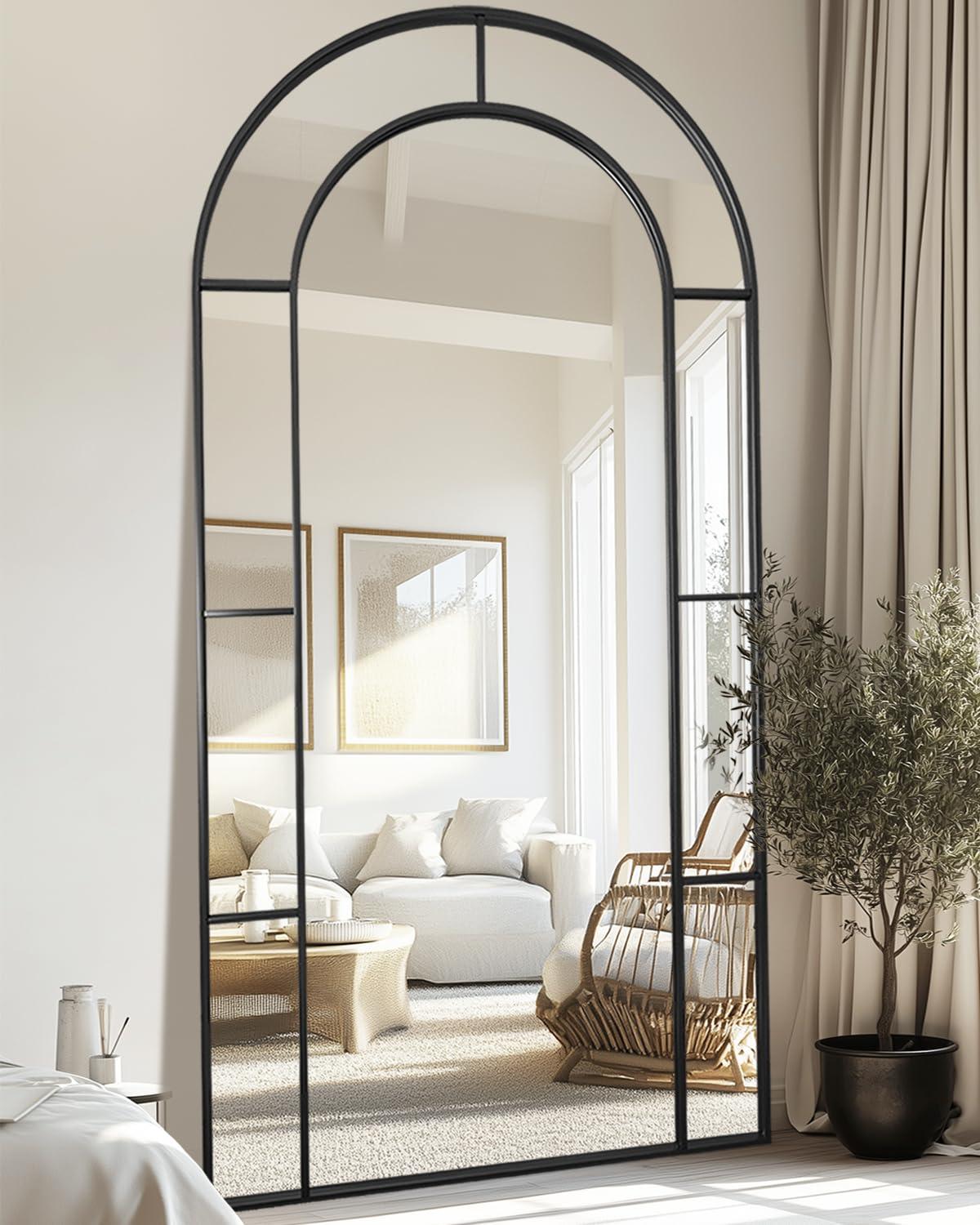 Antok Full Length Mirror, Floor Mirror 41" x 81" Arched Window Decorative Mirror, Metal Framed Decor Farmhouse Floor Mirrors Art Pane Mirrors Wall Decor for Bedroom, Living Room, Entryway, Black