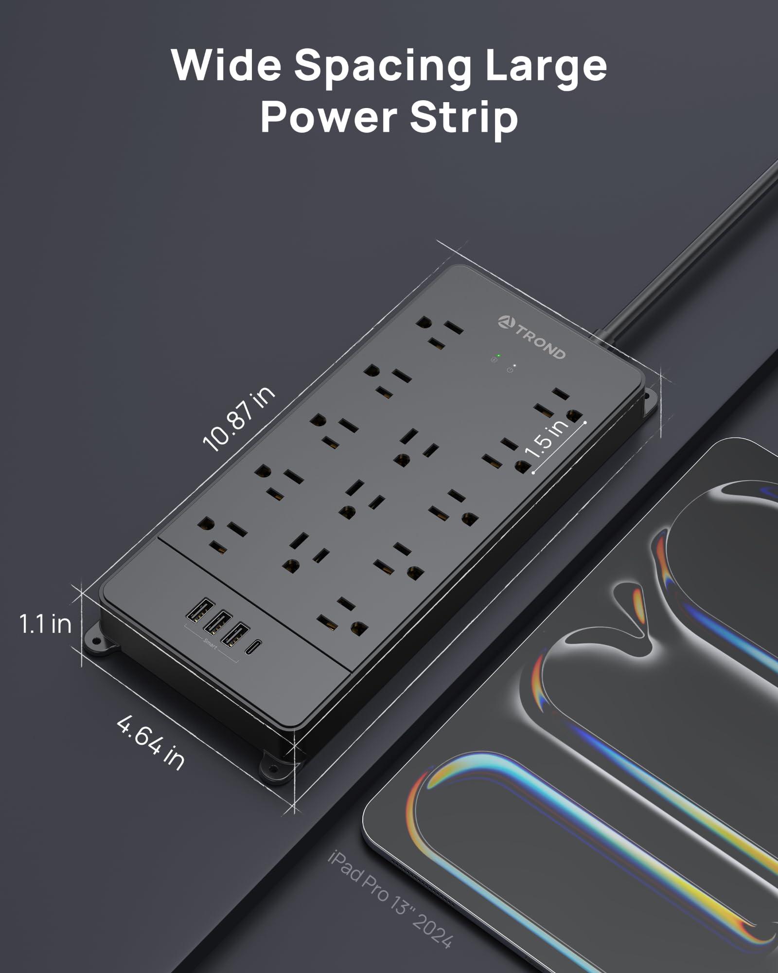 TROND Surge Protector Power Strip, 360° Rotating Flat Plug, 13AC Widely Spaced Outlets Expansion with USB C Port, 4000 Joules, 5ft Extension Cord Heavy Duty, Wall Mount, Under Desk, ETL Listed, Black - Image 8