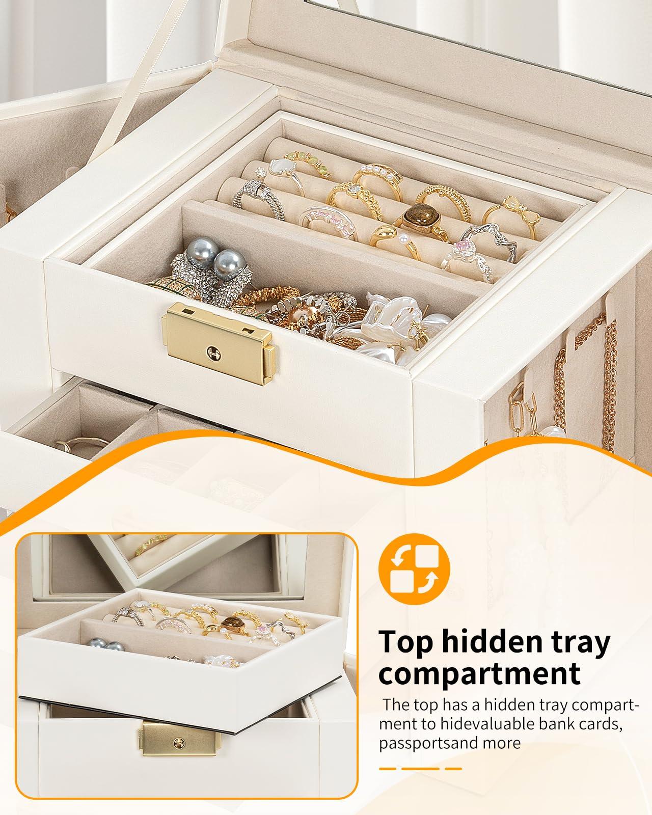 AKOZLIN 4-Tier Jewelry Box Leather Jewelry Storage Organizer with 3 Drawers Lockable for Women Girls Ring Necklace Earring Bracelet Holder with Mirror White - Image 4