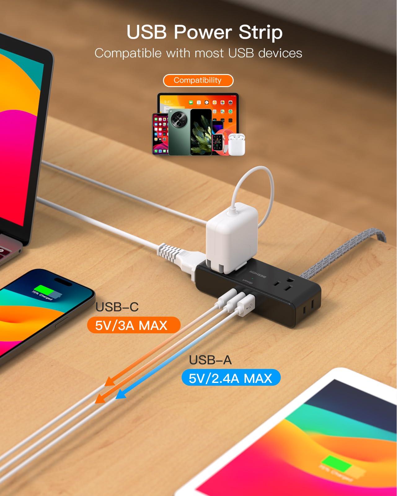 Extension Cord 10 ft, BESHON Flat Plug Power Strip, 4 Widely Outlets with 3 USB Ports (2 USB C), Extension Cord with Multiple Outlets for Home, Office, Dorm Room Essentials, Black - Image 6