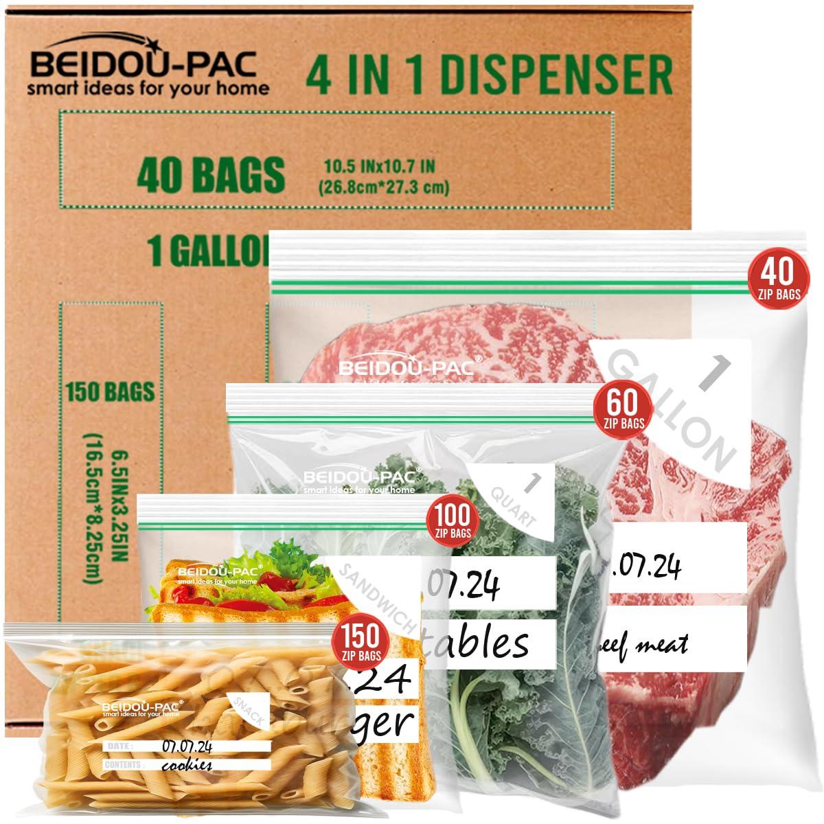 BEIDOU-PAC Combo Storage Zip Bags 350 Count, Resealable Variety Pack With Organizer, Reclosable Clear Plastic Snack, Sandwich, Quart, Gallon Assorted Size Bags