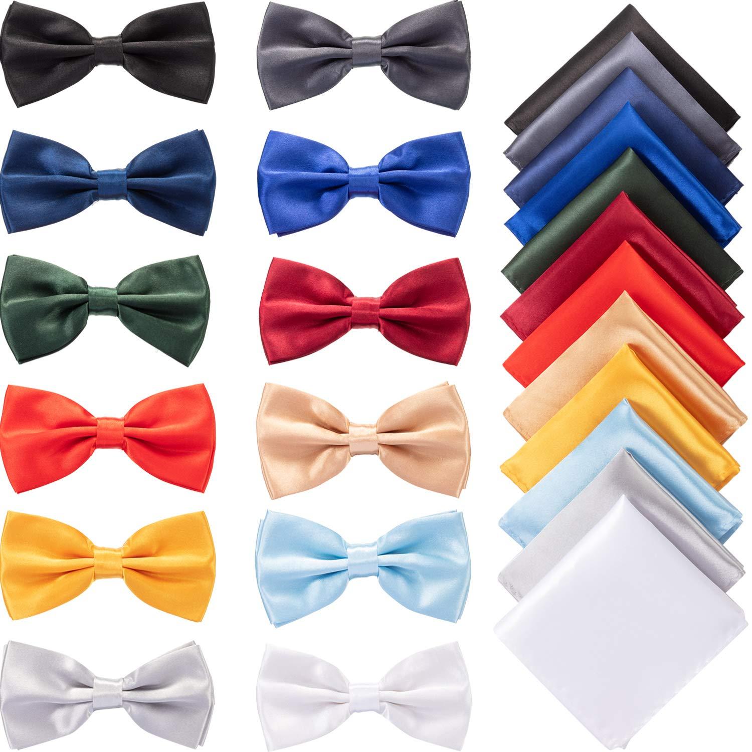 SATINIOR 24 Pcs Pre Tied Bow and Tie Pocket Square Set 12 Solid Color Adjustable Bowtie 12 Satin Handkerchief for Men Boys