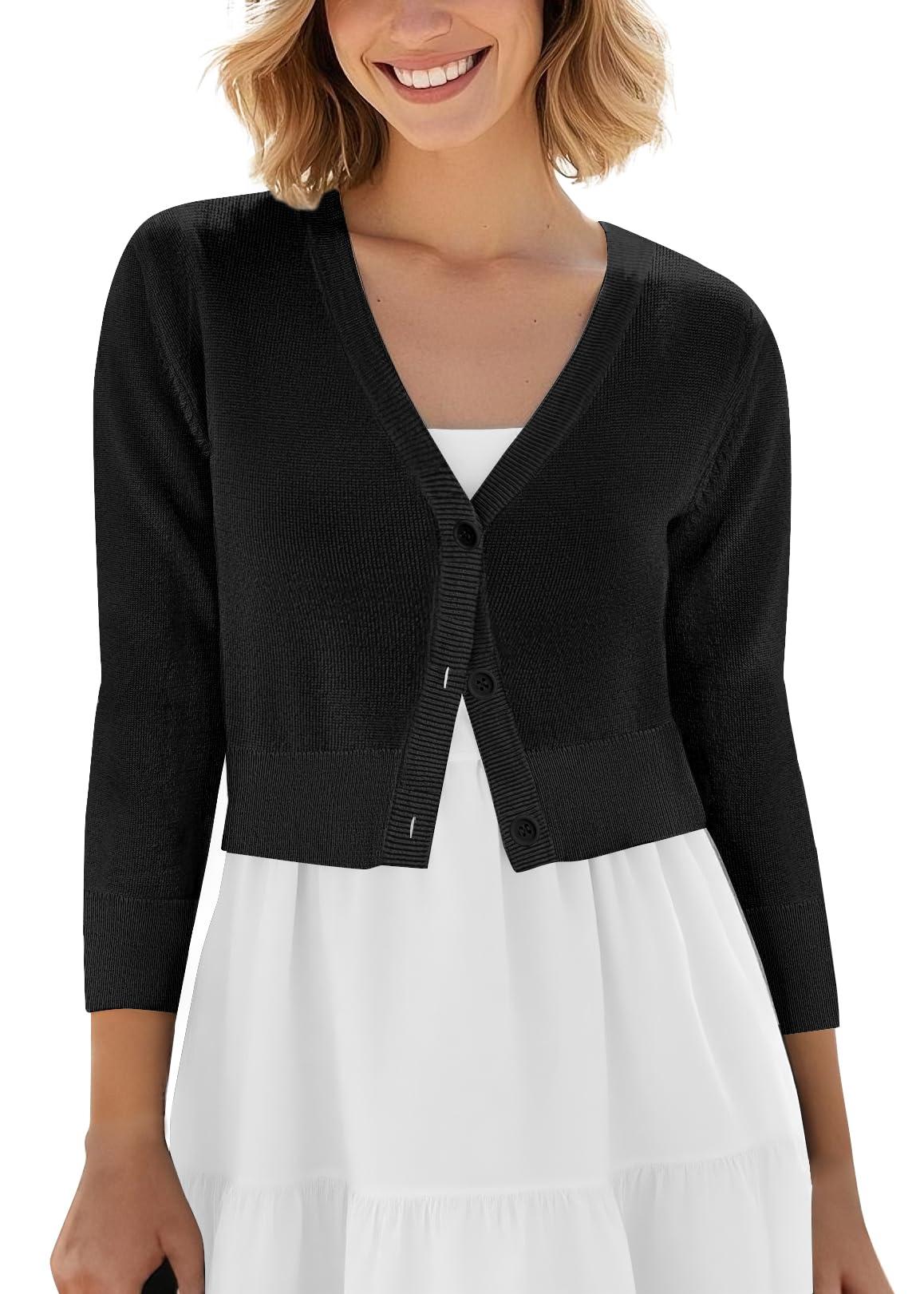 Urban CoCo Women's Cropped Cardigan V-Neck Button Down Knitted Sweater 3/4 Sleeve