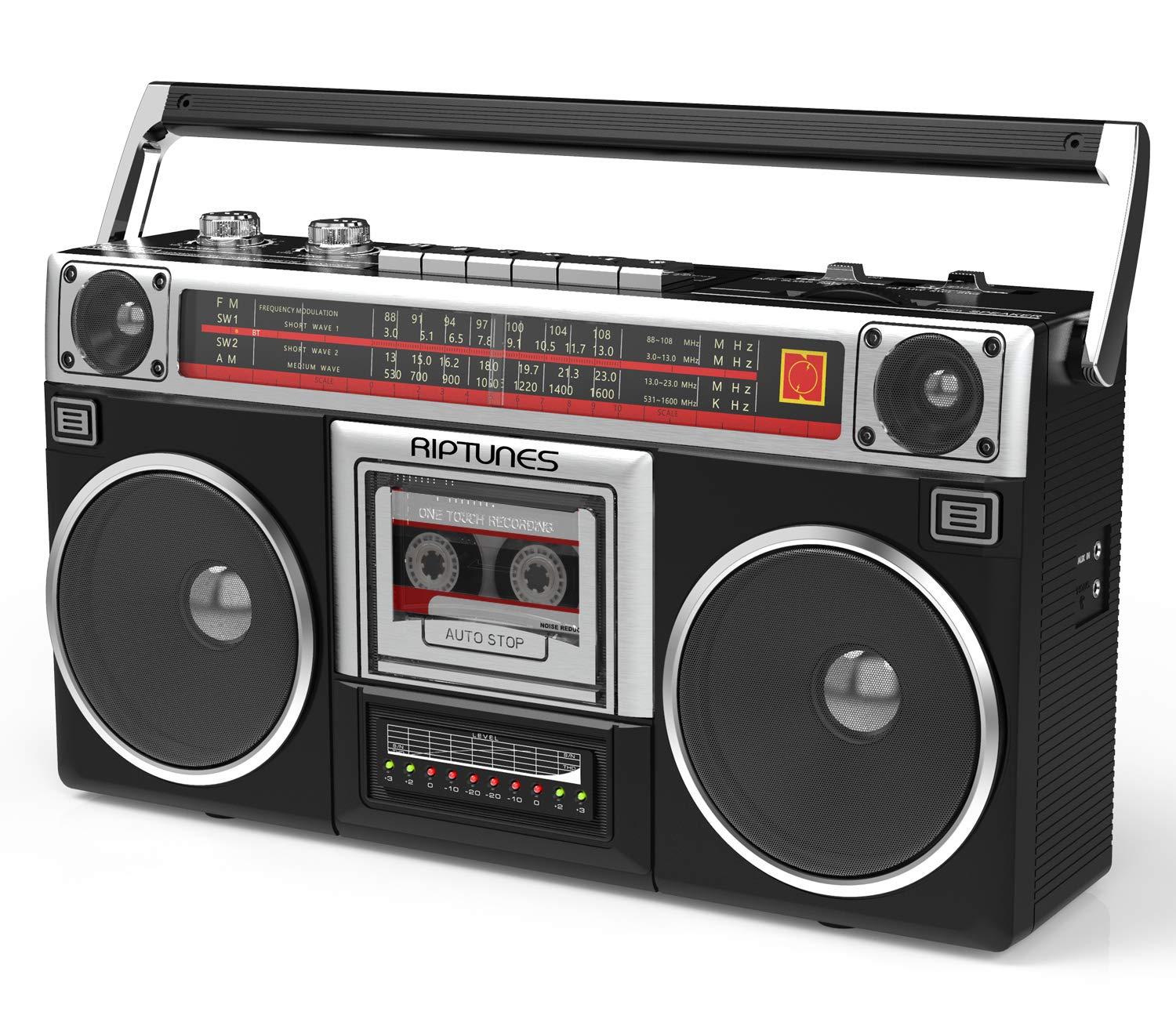 Riptunes Boombox Radio Cassette Player Recorder, AM/FM -SW1/SW2 Radio, Wireless Streaming, USB/Micro SD Slots, Aux in, Headphone Jack, Classic 80s Style Retro, Black - Image 8